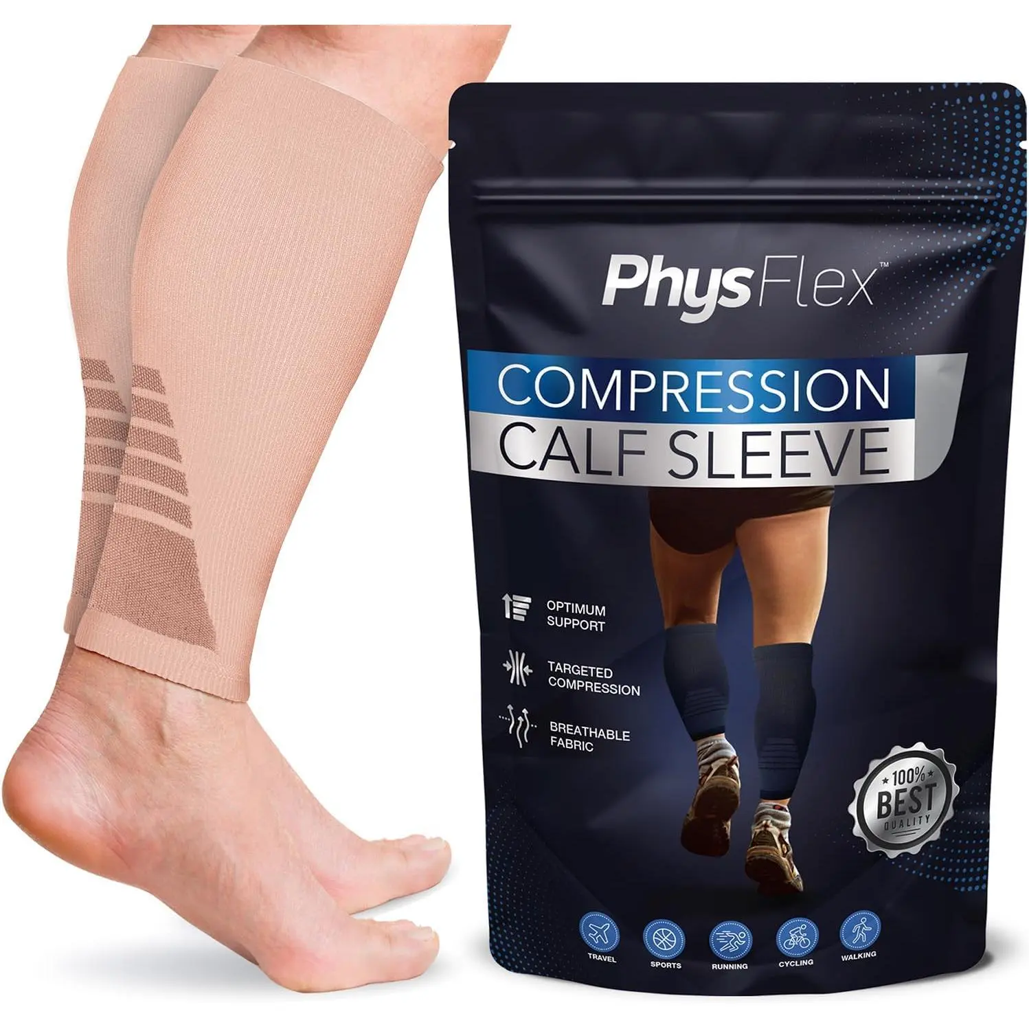 Calf Compression Sleeves for Men and Women - (1 Pair) Footless Compression Socks Support for Varicose Vein, Nursing, Pregnancy, Running - PhysFlex Leg Sleeve Brace for Shin Splints, Pain Relief and