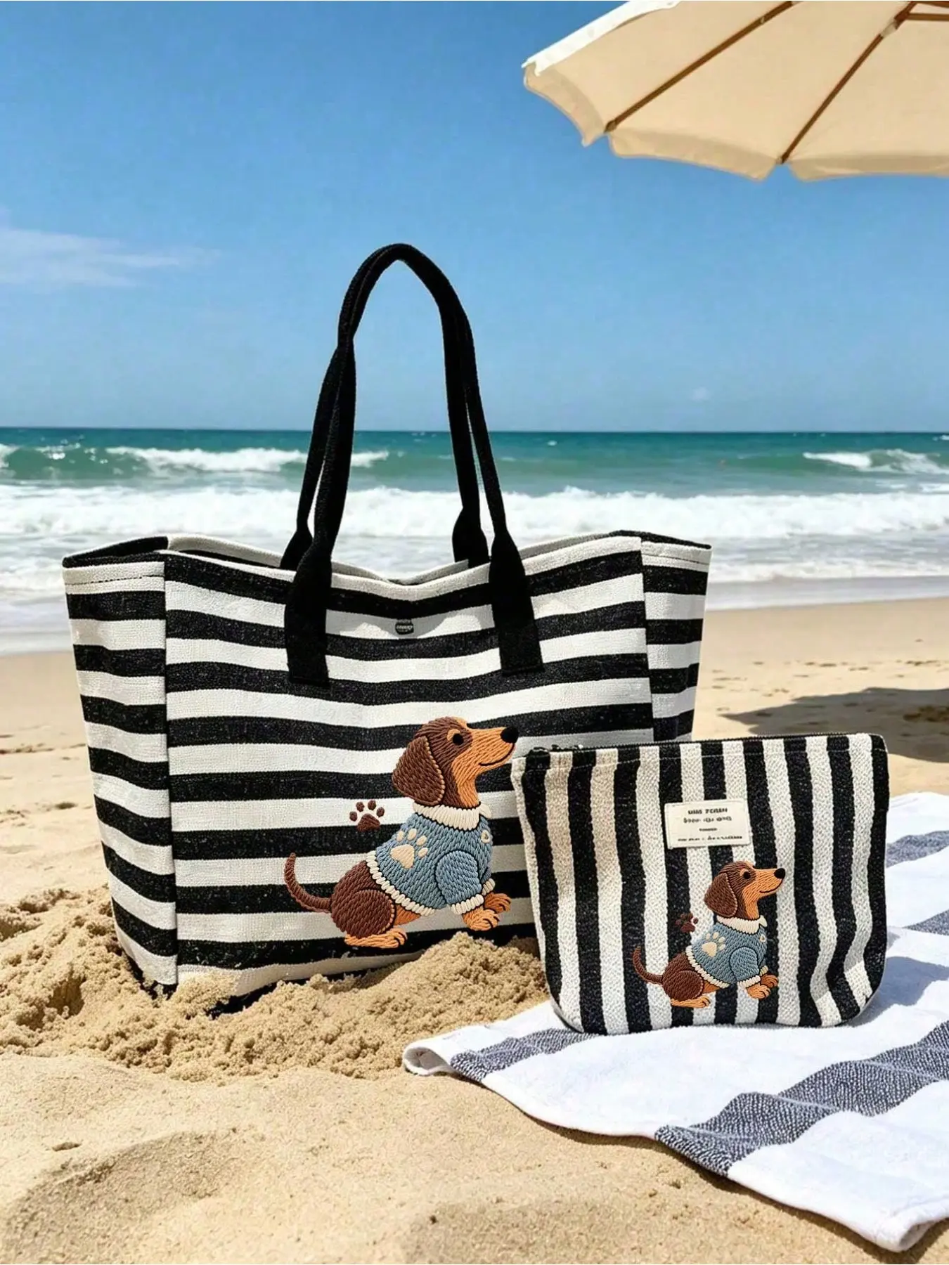 Striped Dog Handbag Set, Large Capacity Foldable Canvas Shoulder Bag, Waterproof Beach Travel Bag, Perfect Gift for Dog Lovers