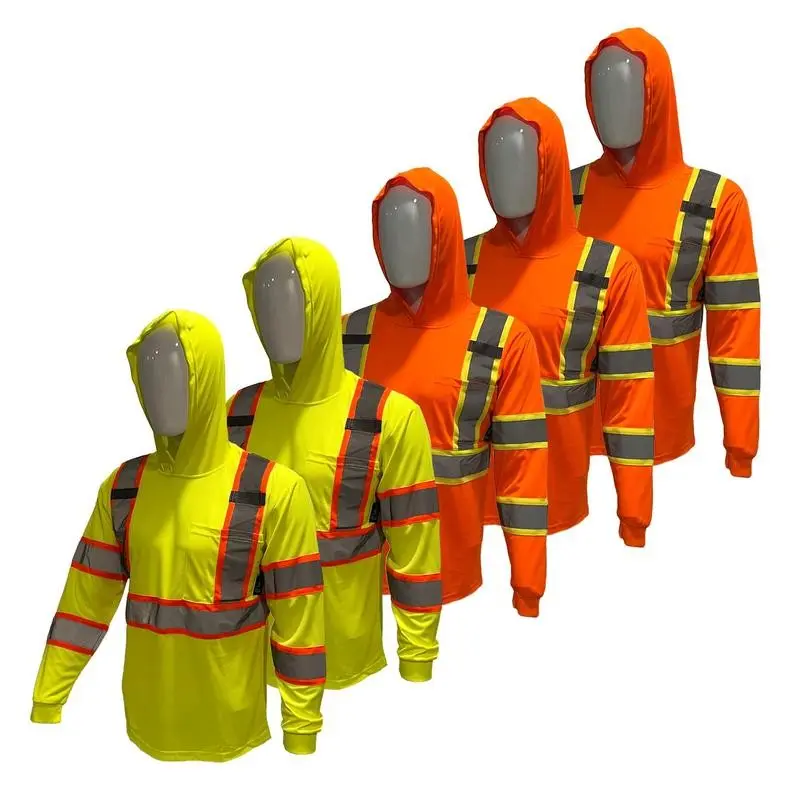 5 PACK SHIRT  High Visibility Hoodie Long Sleeve Safety Shirt with hoodie Polyester Birdeye Mesh in various color
