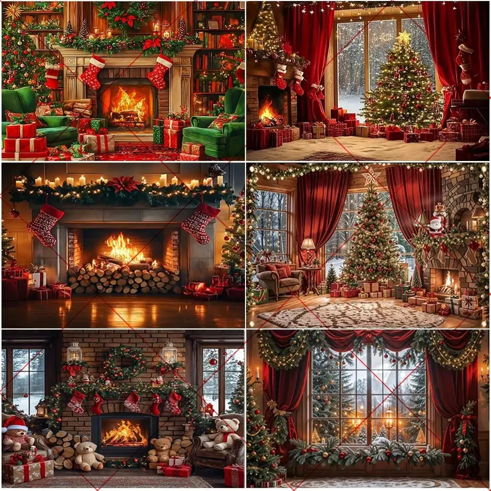 Vintage Fireplace Snowy Christmas Winter Backdrop, Wrinkle-Resistant Abstract Art Asian-Influence Home & Festive Party Decoration, All-Seasons Anniversary Children's Photo Studio Supply