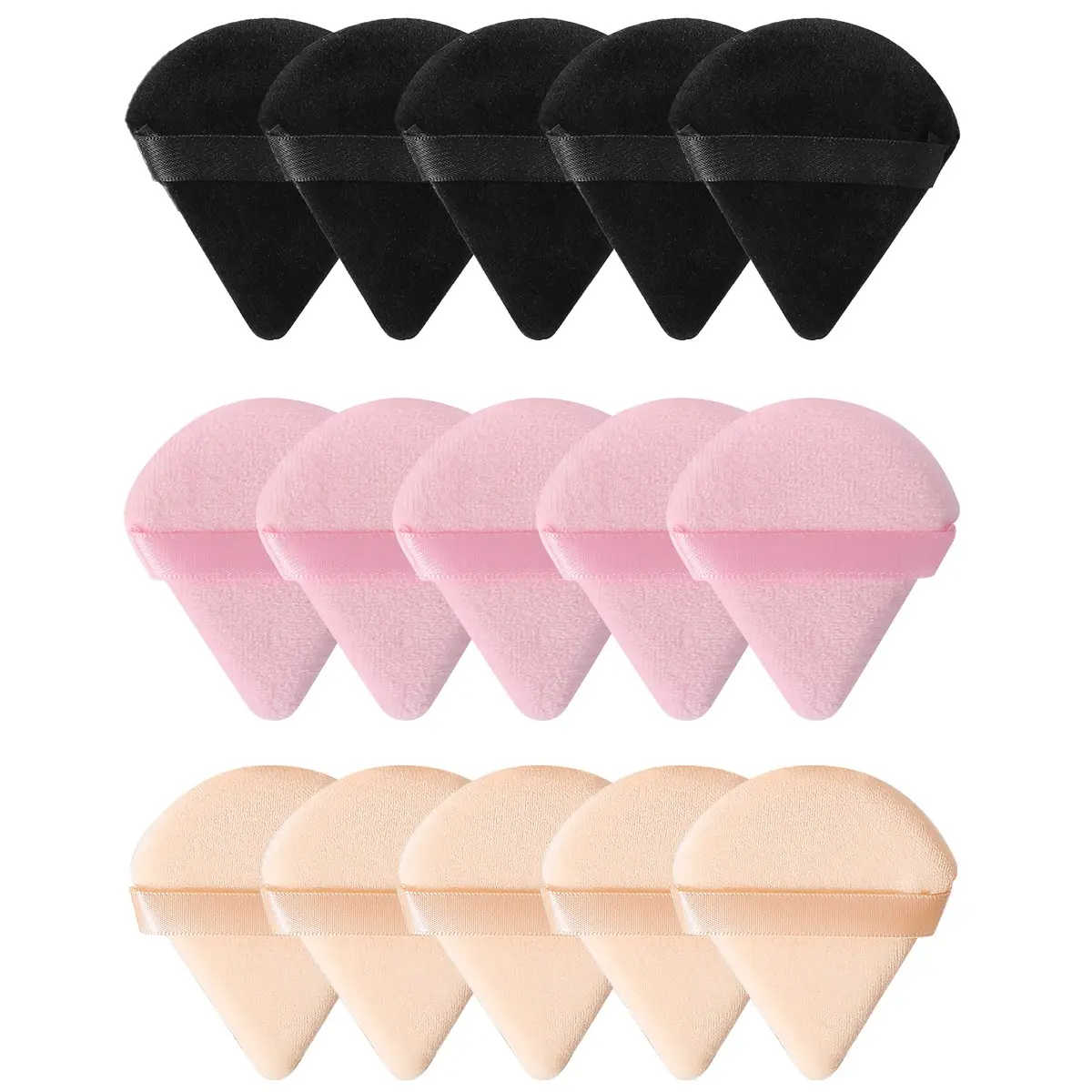 15-Piece Tri-Color Velvet Powder Puffs Set, Non-Slip Ribbon Design, Dense Fluffy Makeup Applicators, Reusable Daily Setting Tools, Suitable for All Skin Types