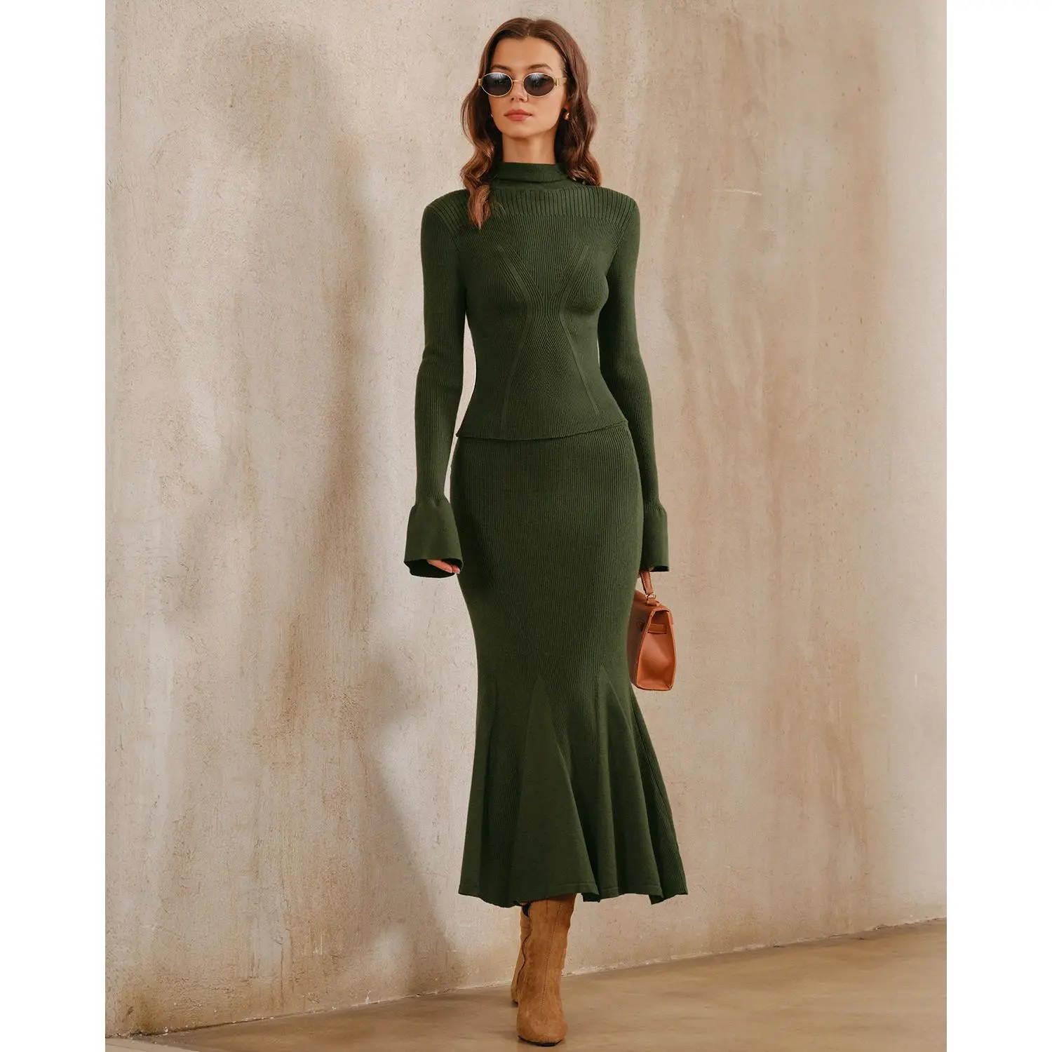 Green Knit Mermaid Midi Skirt
