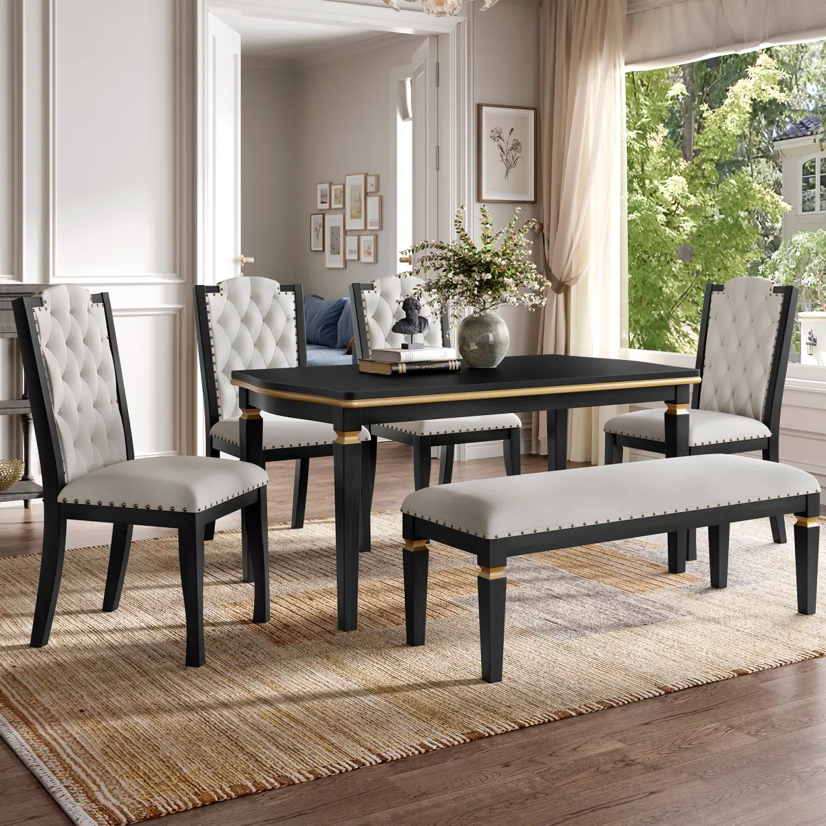 Aobtkel 6-Piece Wood Dining Room Set - 1 Rectangular Table (60x34.7x29.5 in, 250 lbs), 4 High-Back Tufted Chairs (45x17.7x19.5 in), 1 Bench, Black, Easy Assembly Indoor Kitchen Furniture