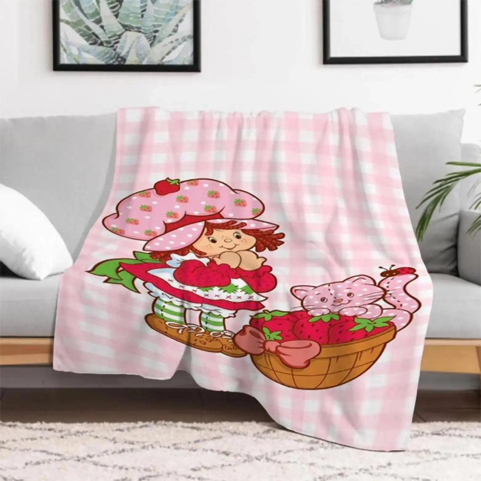 Funny S-Strawberry Pink Shortcake Soft Comfortable Fluffy Throw Blankets, Cooling Blankets Plush Downy Plaid Quince Bedding, Portable Decorative Blankets for Sofa Camping Chair Picnic, King Lid Blankets, Affordable All Season Home Goods Gift