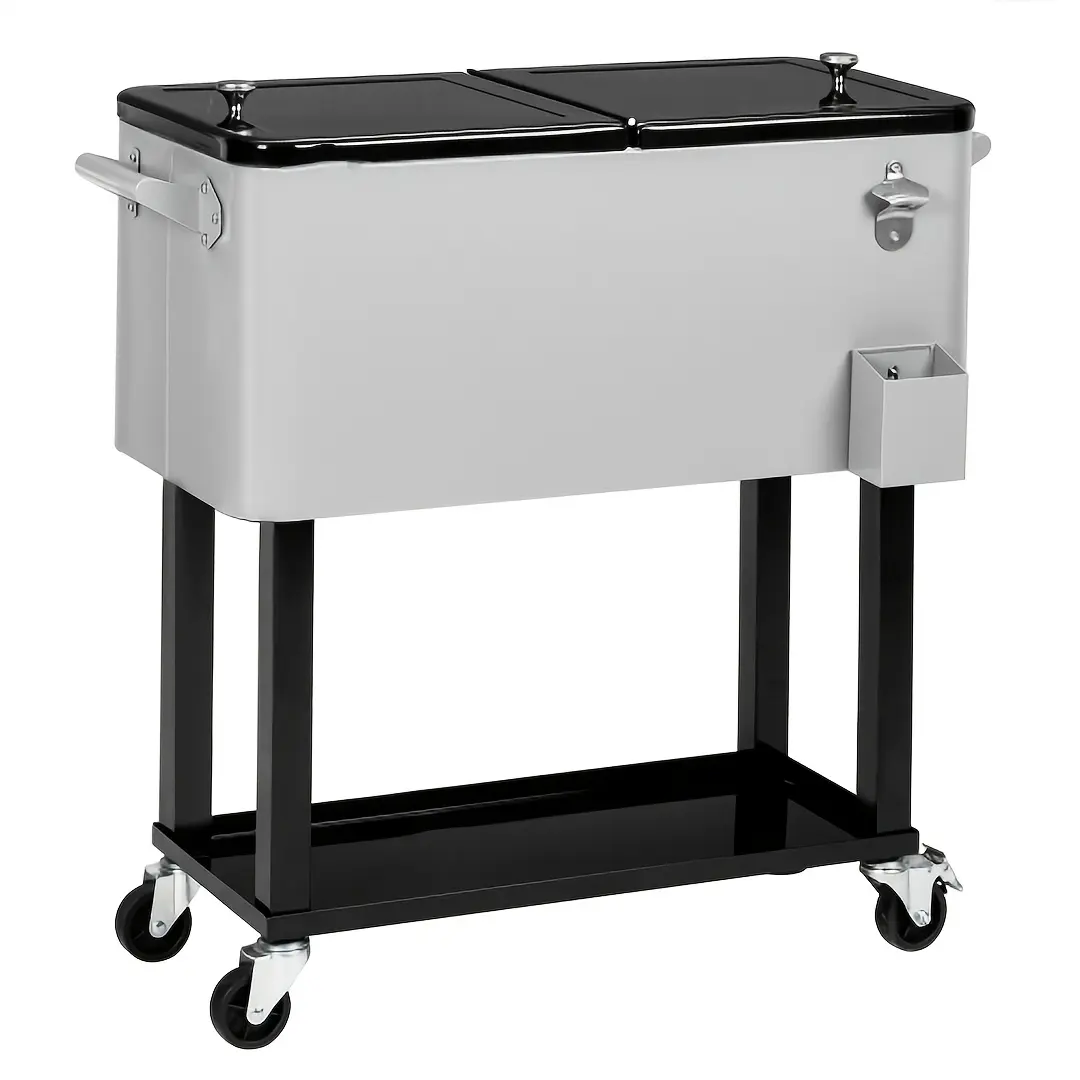 85QT Portable Rolling Cooler Cart, No-Power Insulated Ice Chest with Bottle Opener Drainage, Perfect Summer Companion for Pool, Camping, Backyard BBQ, Indoor/Outdoor Use, 5 Colors Black/Gray/Teal/White/Pink