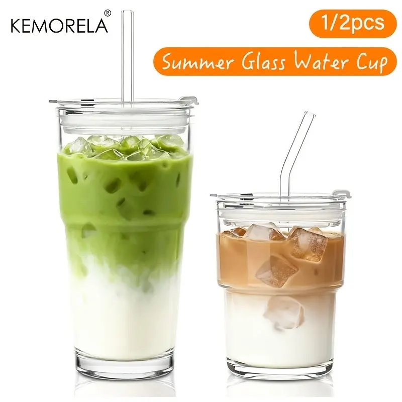 Kemorela Glass Mug with Lid and Straw, Durable Thickened Drinking Cup for Smoothies, Coffee, Matcha, Travel Mug, Ice Coffee Cup, Water Tumbler with Straw