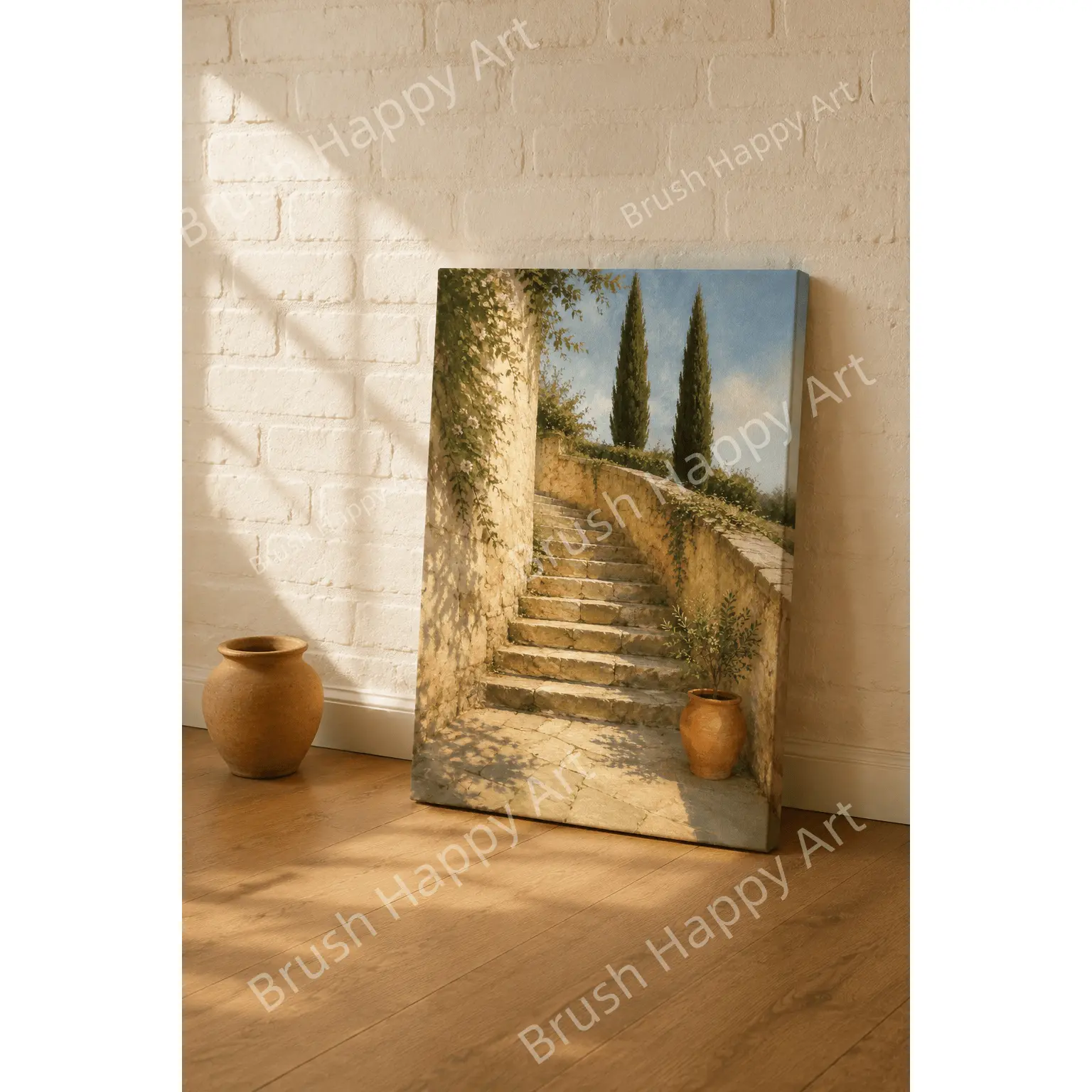 Mediterranean Stone Stairway Canvas Wall Art, Vintage European Garden Path Poster, Warm Neutral Landscape Artwork, Aesthetic Poster for Living Room Decor, Bedroom Wall Art, Office Decor, Modern Rustic Home Decoration