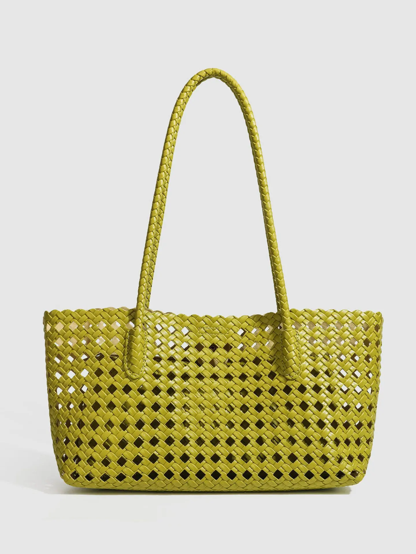 Avocado Handwoven Tote Bag, Hollow Out Square PU Shoulder Bag, Large Capacity Street Style, Perfect for Vacation and Commute, PU Leather Tote