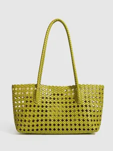 Avocado Handwoven Tote Bag, Hollow Out Square PU Shoulder Bag, Large Capacity Street Style, Perfect for Vacation and Commute