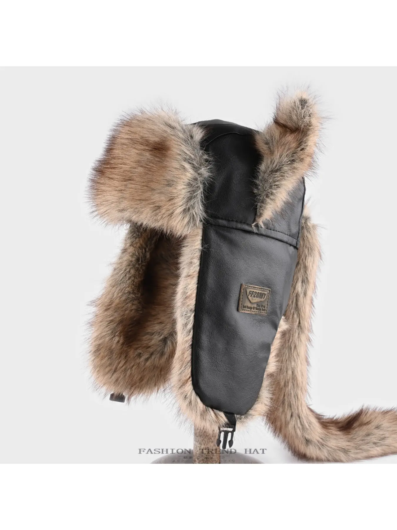 Faux fur fox ear leather trapper hat for women, winter thickened warm ear-flap cap for men, riding and snow hat