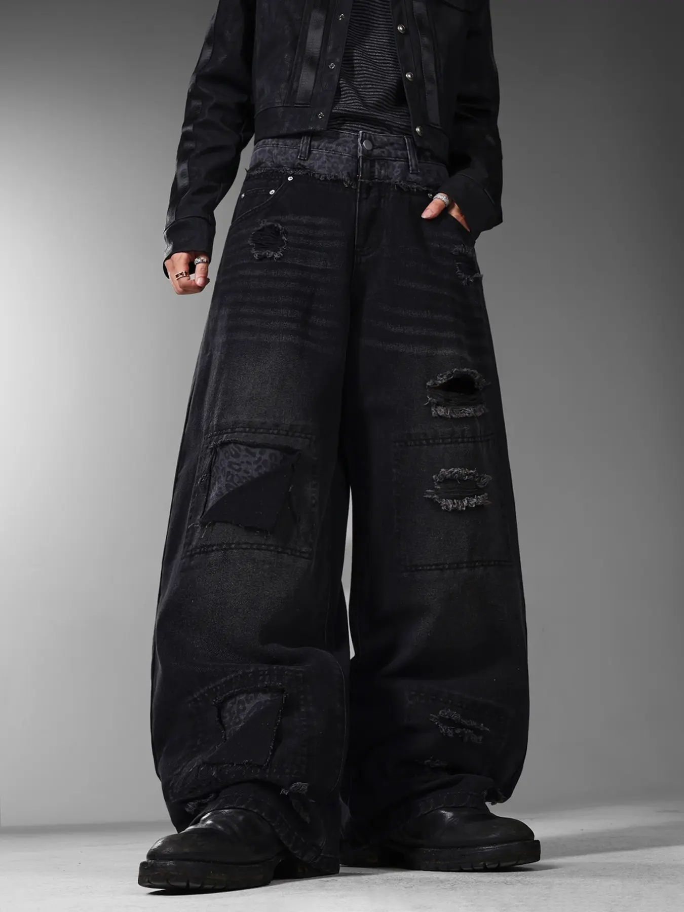 Men's Washed Leopard Print Wide Leg Jeans, Ripped Holes Frayed Edge Design, Streetwear Oversize Long Pants for All Seasons