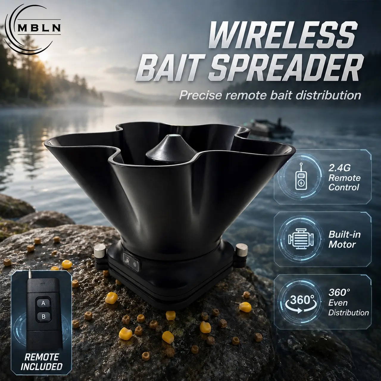 Wireless Remote Bait Spreader, 2.4G 360° Rotating Fishing Bait Dispenser for Bait Boat, Motorized Design, Type-C Rechargeable, Remote Included
