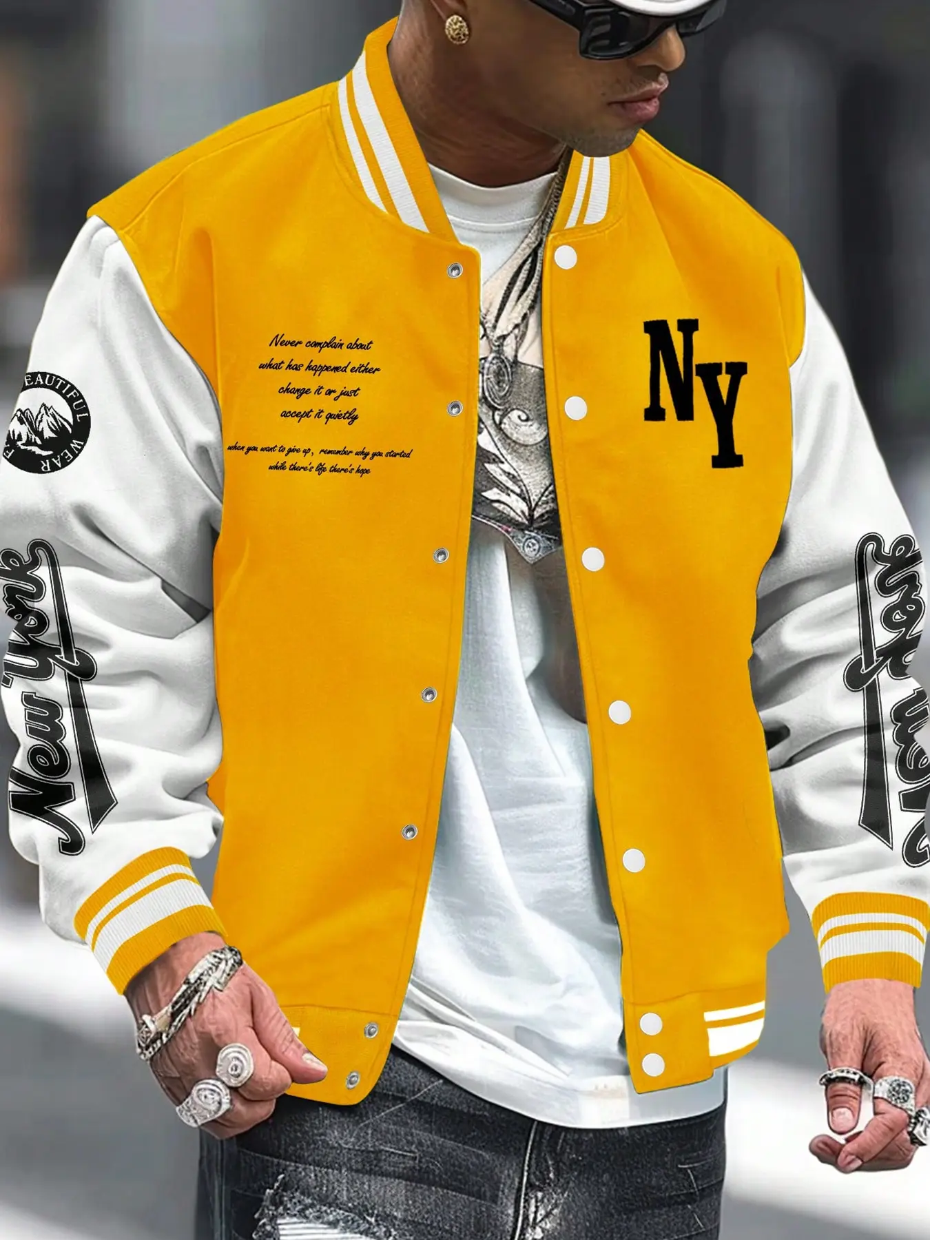 Men's Colorblock & Letter Print Button Front Pocket Varsity Jacket, Regular Fit Casual Drop Shoulder Mock Neck Outerwear for Fall & Winter, Men's Clothes for Daily Wear