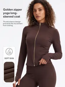 New Gold Zipper Yoga Long Sleeve Jacket, Slim Fit Sporty Outerwear, Breathable and Comfortable, Spring & Fall Fashion