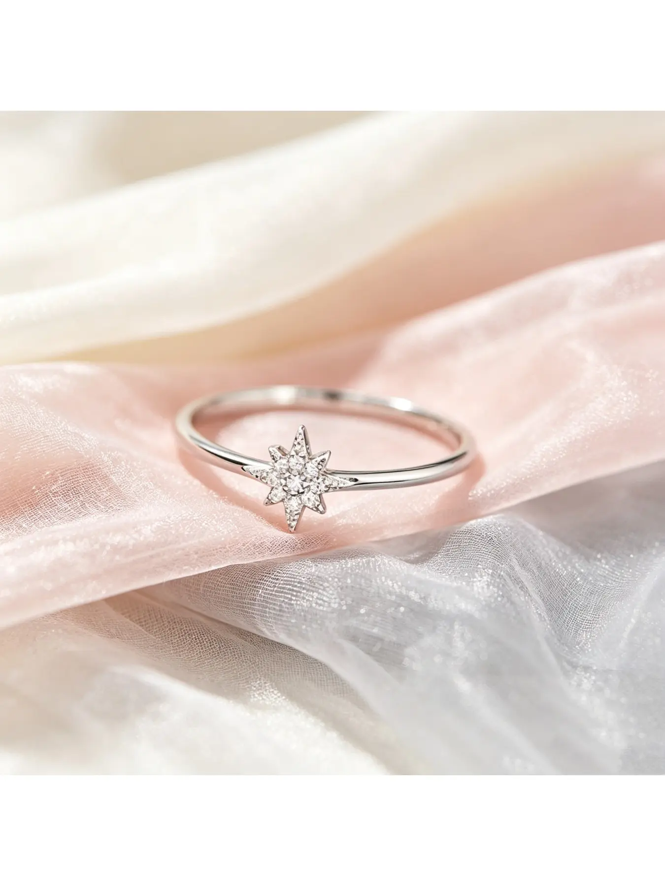 Thin silver ring pave crystal north eight-point star tiny glitter band dreamy feminine statement ring, starry promise ring, glowing anniversary ring, mini dainty jewelry for Christmas gifts, Valentine dates and evening daily stacking outfits
