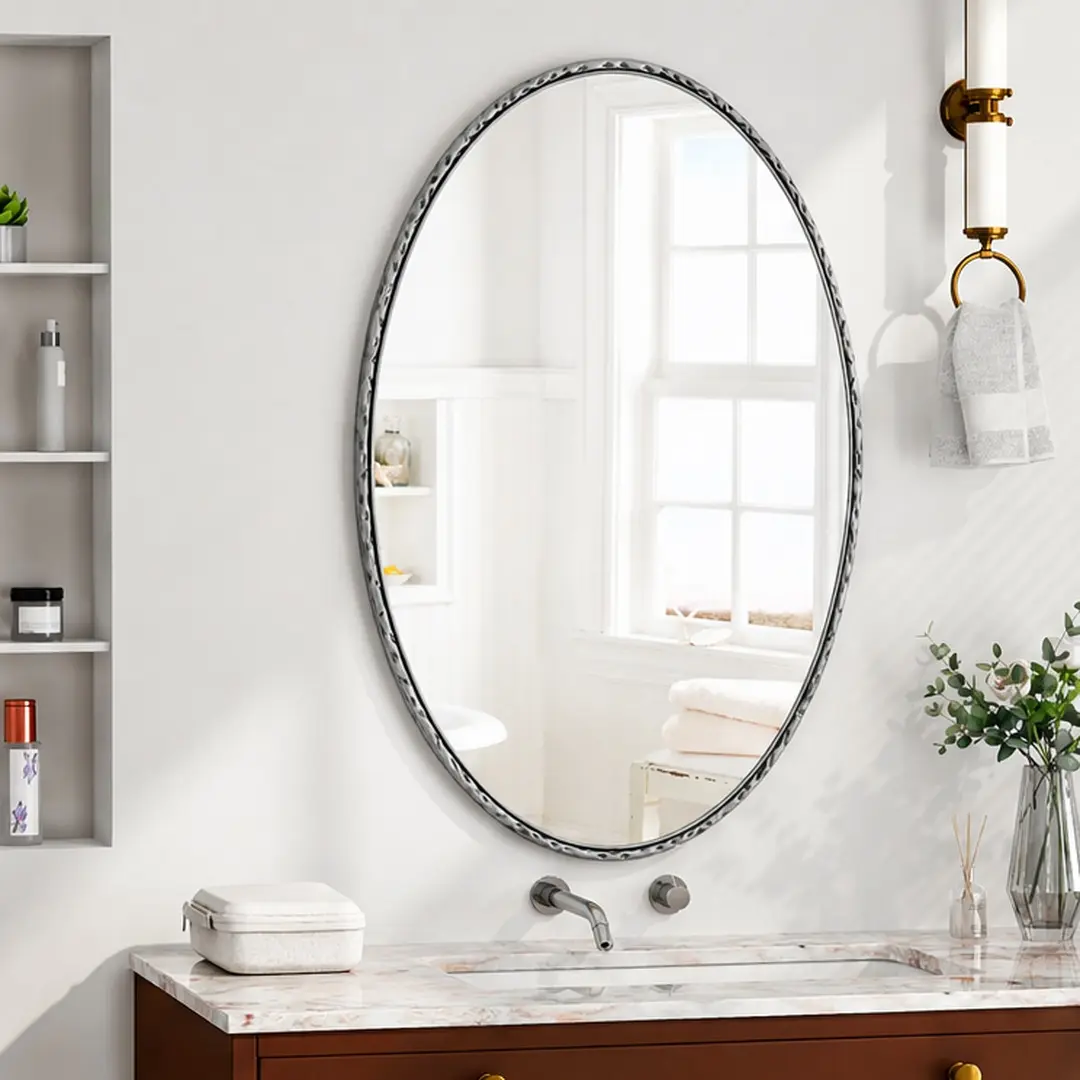 ARCH Oval Wall Mirror Iron Art Antique Effect Silver Glass MDF Retro Decorative Hanging Mirror for Bathroom Bedroom Living Room Vertical Horizontal Mount Easy Install 25.6x39.4 Inches, Silver Color Options, Glass/MDF+Iron Material