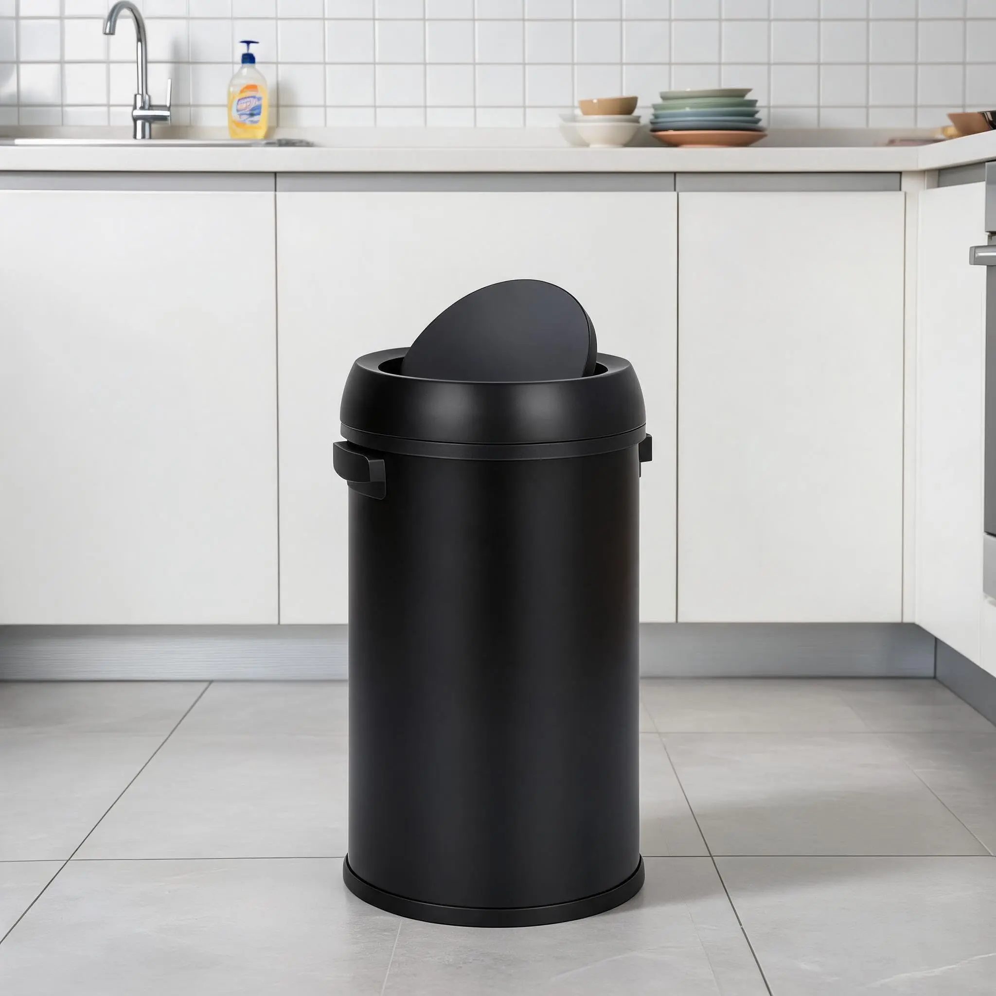 GARVEE 17 Gallon/65 Liter Stainless Steel Swing Top Waste Container, Commercial Grade Round Garbage Can for Outdoor, Home, Office, and Restaurant Use, Black Finish