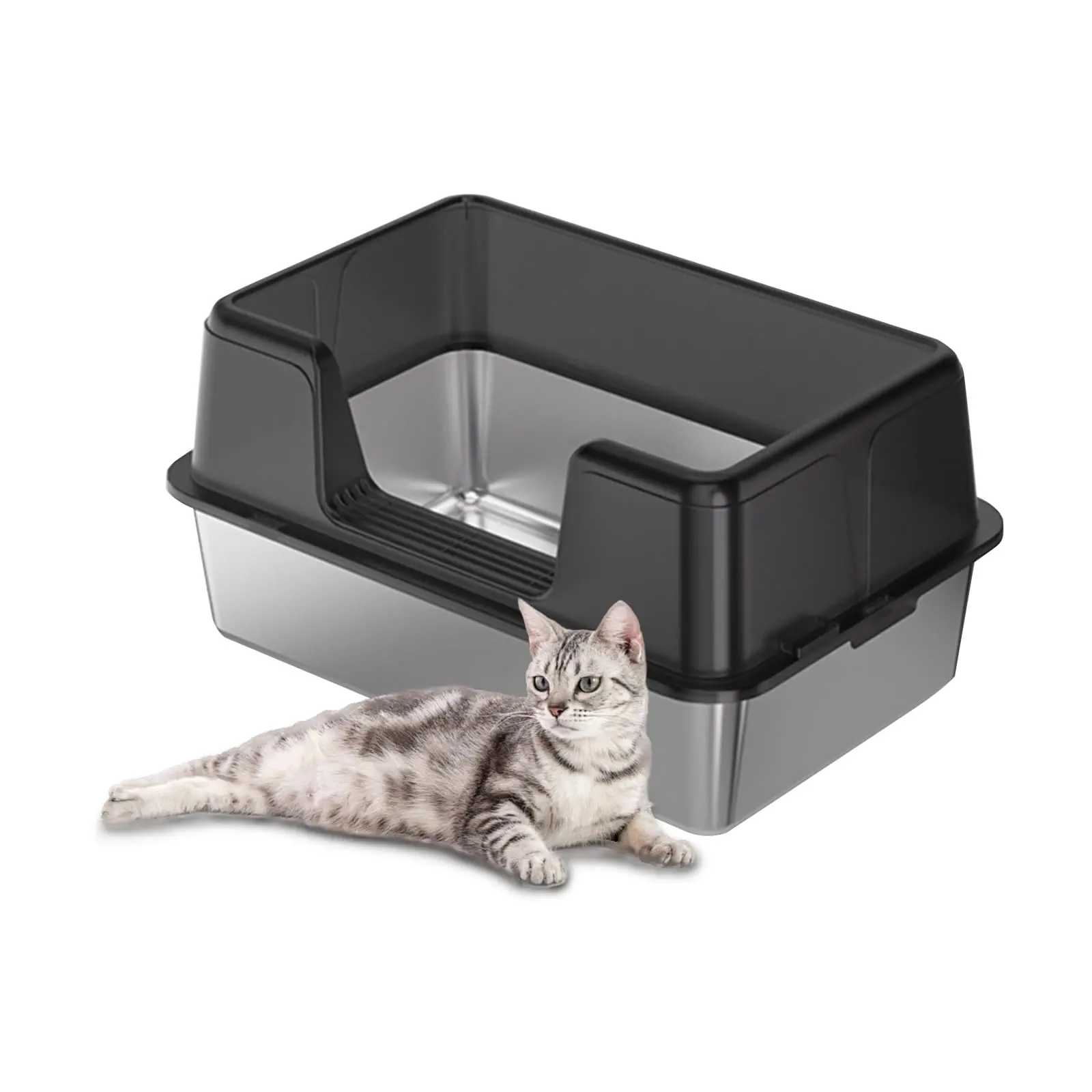 Stainless Steel Litter Box With Lid, Extra Large High Sided Cat Litter Trays, Litter Box With Anti-Slip Cat Litter Mat and Scoop Easy Clean Detachable