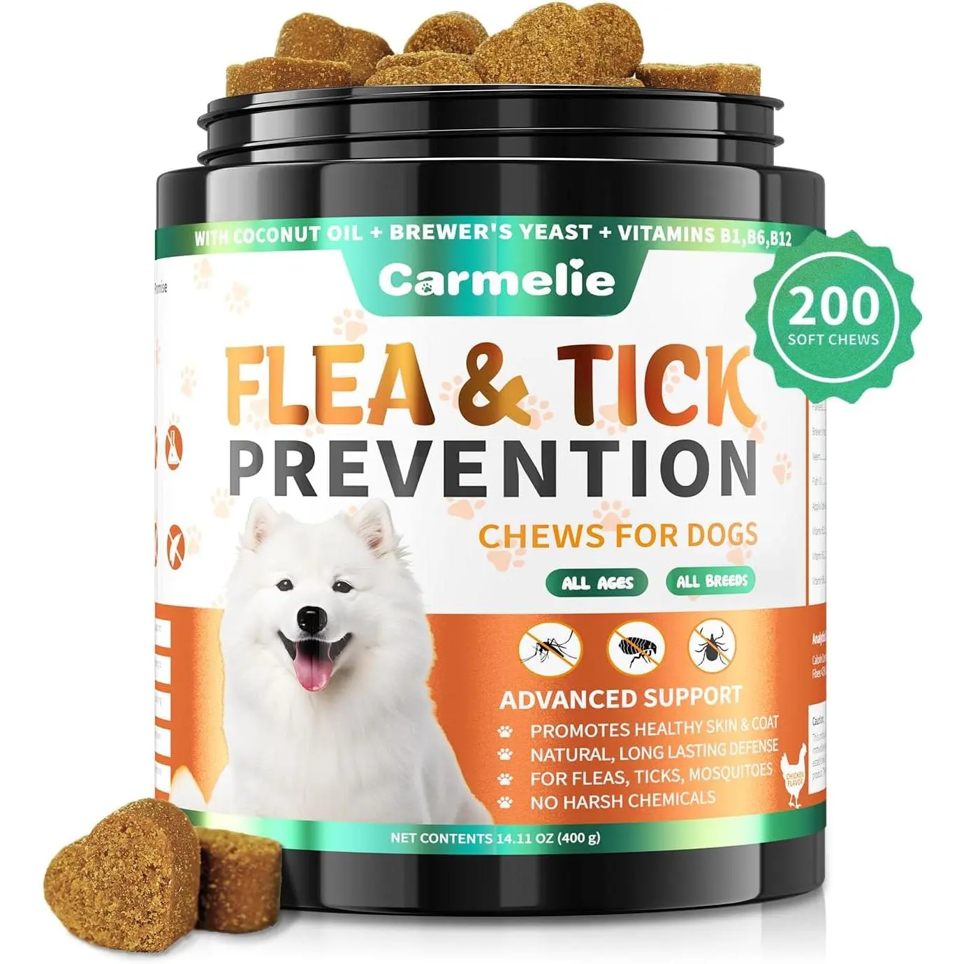 Flea and Tick Prevention for Dogs Chewables 200 Soft Chews Natural Dog Flea and Tick Chewables, Oral Flea Supplement for Dogs, Puppy Flea Support All Breeds & Ages Chicken Flavor