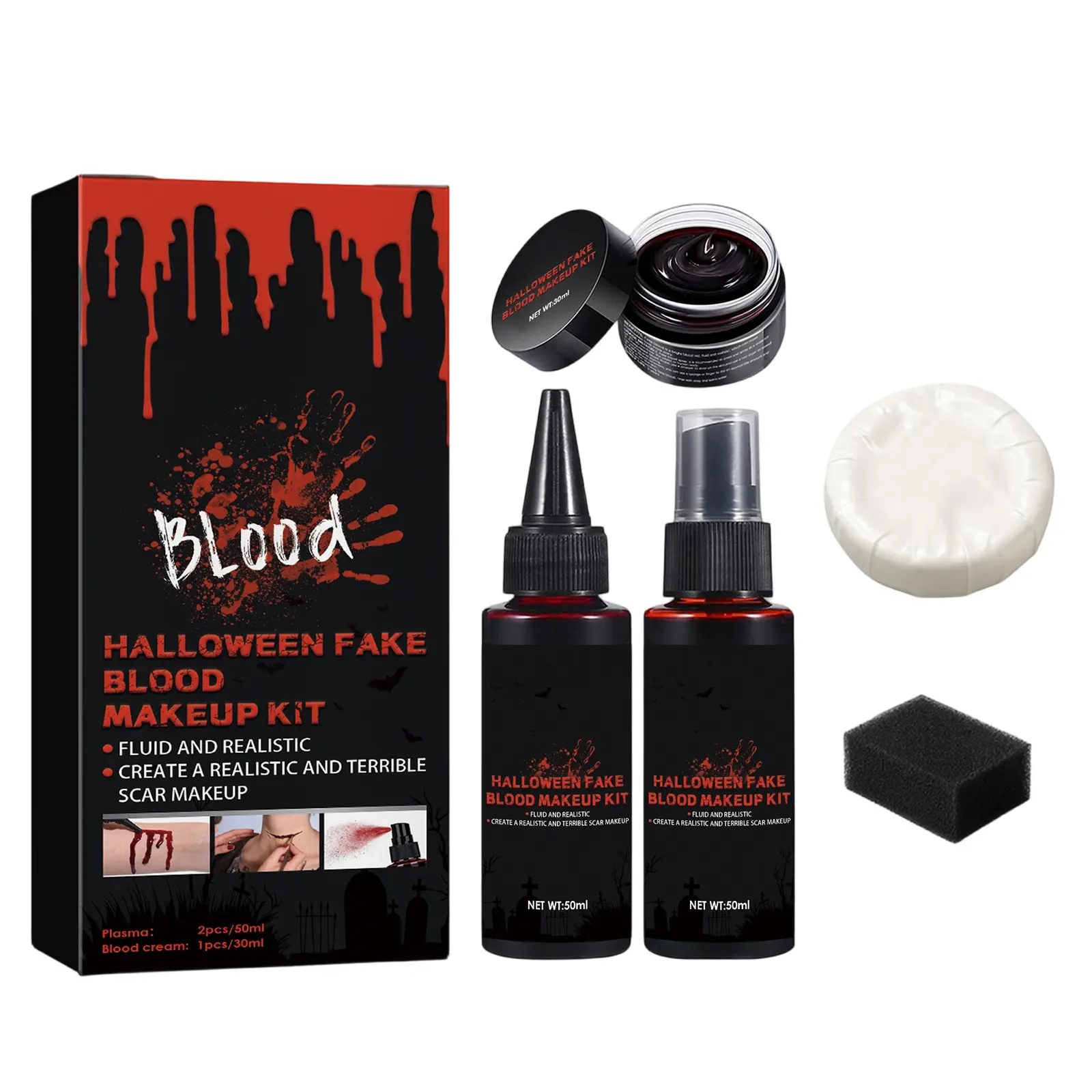 5PCS Fake Blood Halloween Makeup Kit - Coagulated Blood, Fake Blood Spray, Dripping Blood, Realistic Washable SFX Makeup for Zombie, Vampire, and Monster Costumes