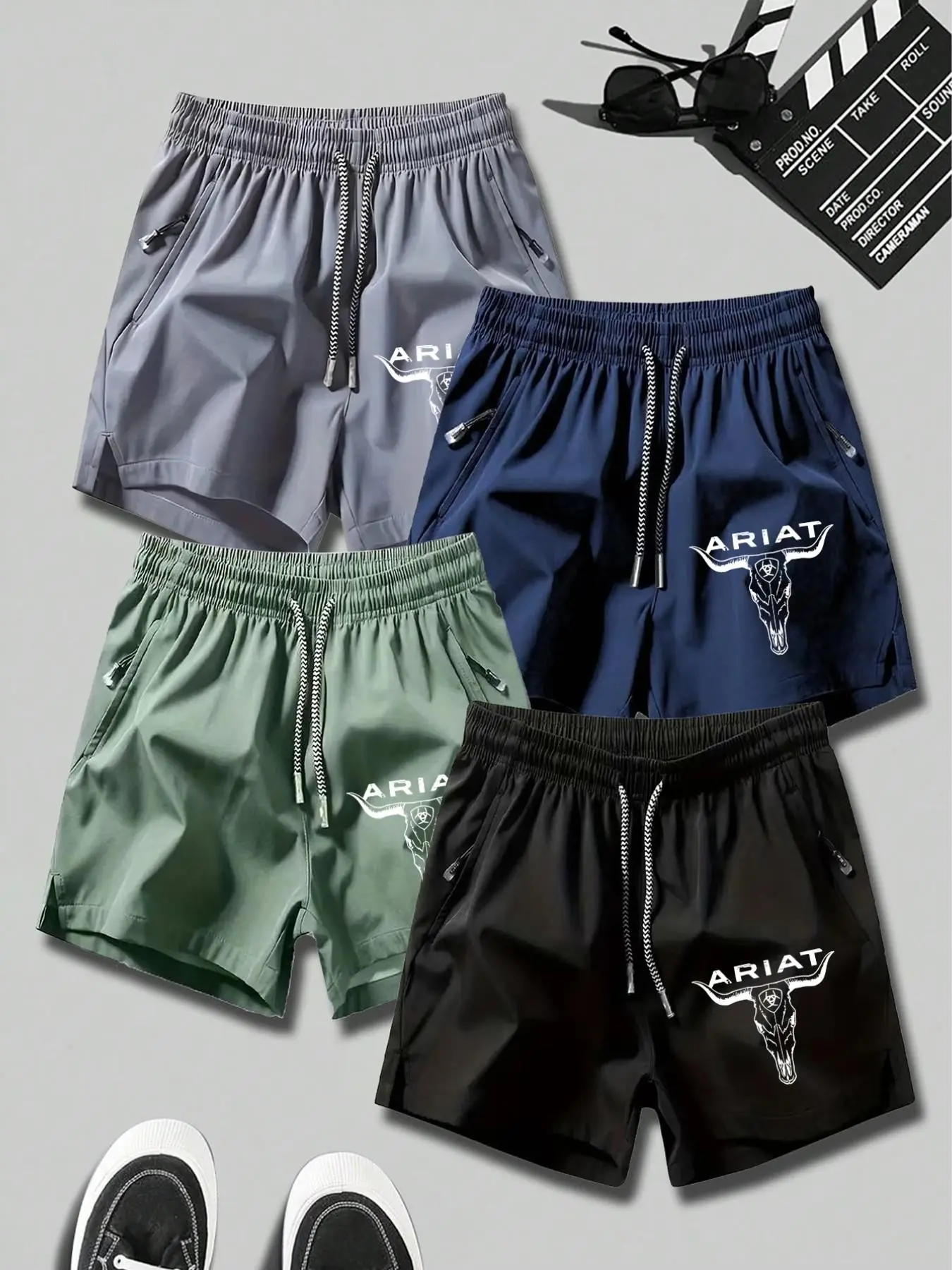 American Bull Print Ice Silk Quick-Dry Shorts for Men, Elastic Drawstring Zipper Pockets, Sporty Outdoor Beach Wear, Cool Sensation Five-Quarter Pants
