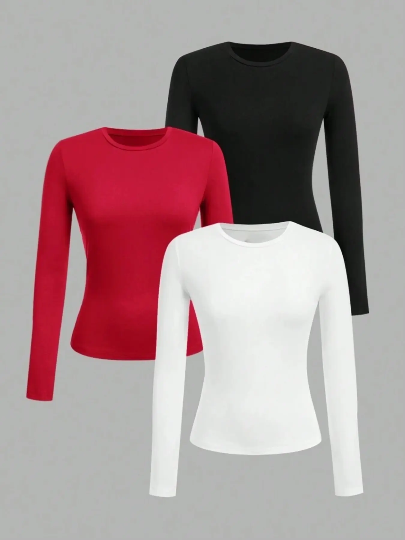 3 Piece Set Women's Casual Slim Fit Short Long Sleeve Round Neck T-Shirts, Basic Versatile Tops for Home, Outdoor, Daily Wear