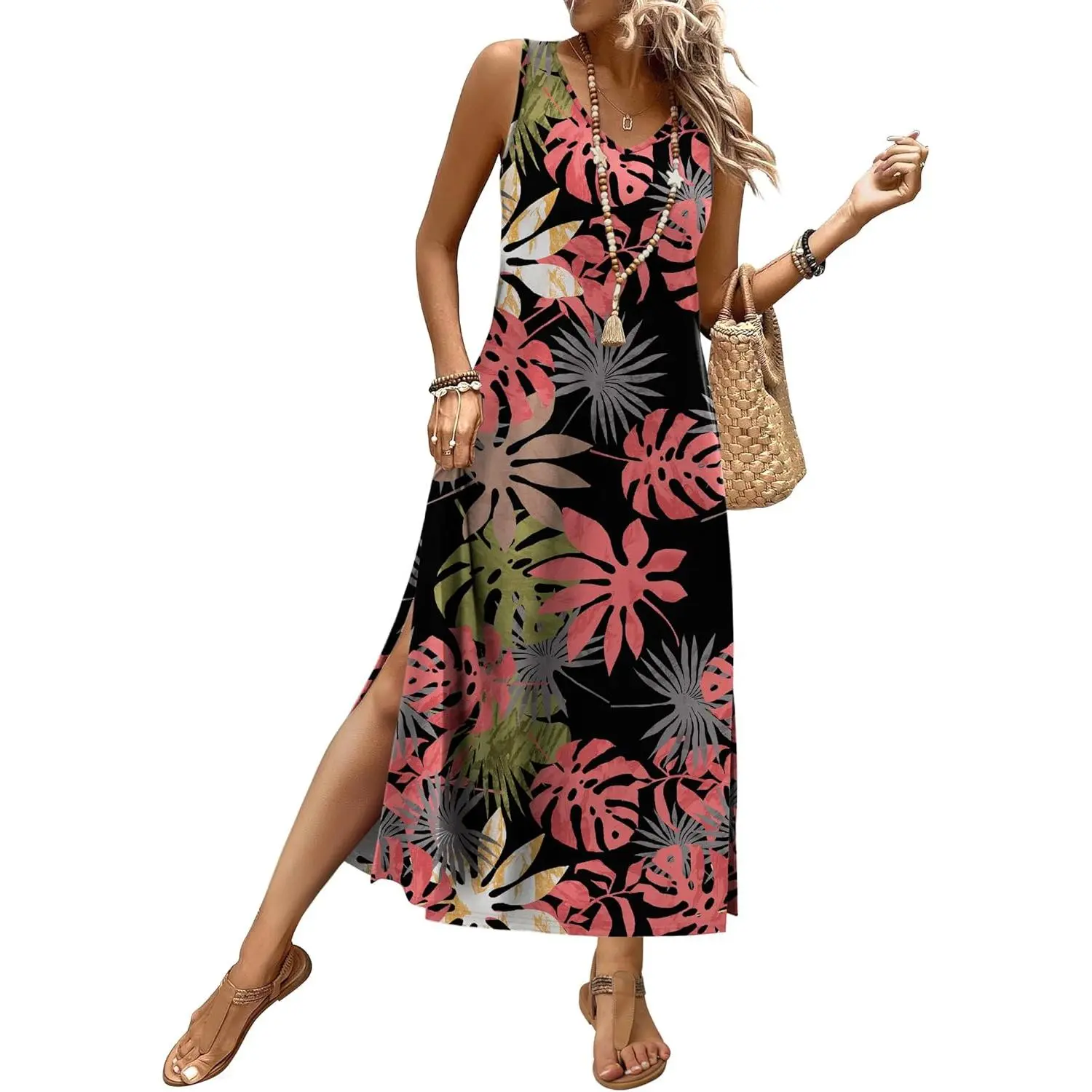 Women's Chic Lightweight Maxi Sundresses with Spandex, Pockets - 2026 Beach Vacation, Boho Cruise Casual Wear Garments (S-2XL), Tropical, Drape, Lady, Fashion