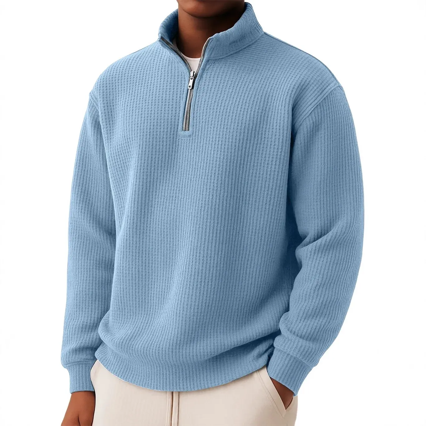 Men's Casual Minimalist Waffle-Knit Long-Sleeve Zip-Neck Pullover – New Autumn/Winter Style (US/EU Market)