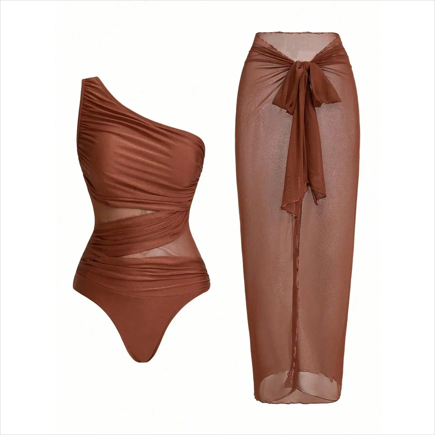 Women's Ruched Mesh Panel 1-Piece Swimsuit with Sarong Skirt - Solid Color High-Stretch Quick Dry Tropical Fitted Tummy-Control Bathing Suit for Beach Vacation, Pool Party - Sports & Outdoor Swimwear for Women