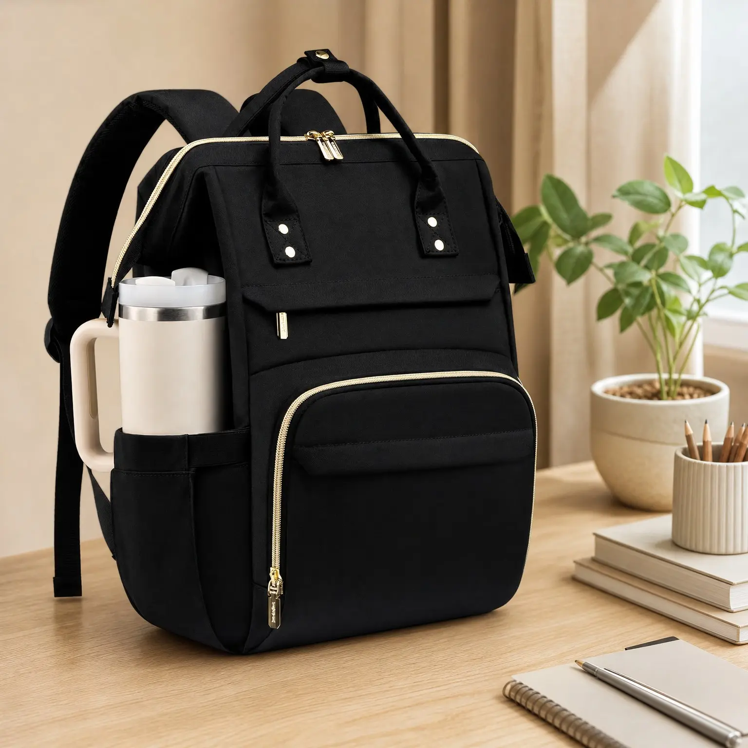 Women's Laptop Backpack with Giant Tumbler Holder Pocket, 15.6 Inch Nurse Bag with Stethoscope Case, Waterproof Work College Teacher Travel Backpack, BlackGift