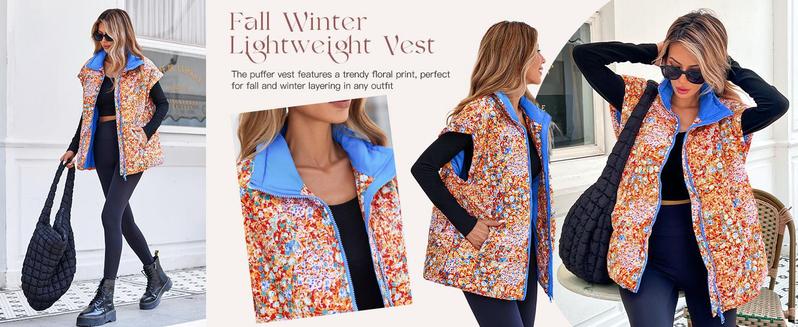 Imily Bela Womens Floral Oversized Puffer Vest Cap Sleeve Winter Warm Puffy Quilted Jackets Coa