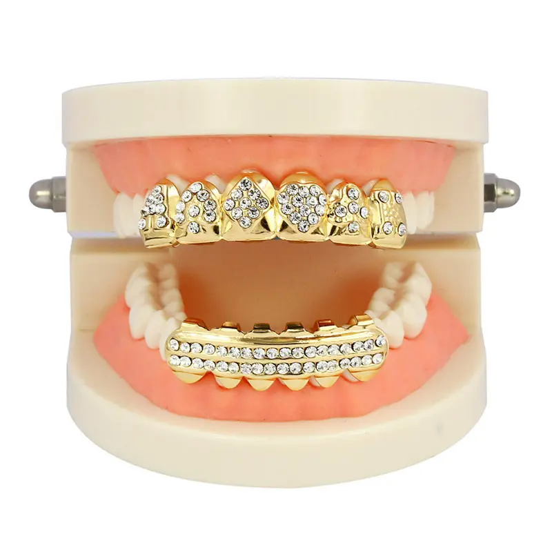 Iced Out Grillz Gold Silver Top Bottom Set Rhinestone Teeth Grillz for Hip Hop Party Costume