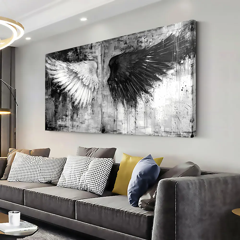 Modern Abstract Black and White Wings Canvas Wall Art – Framed Canvas Print for Living Room, Bedroom, Office, and Home Decor – High-Quality Canvas Print