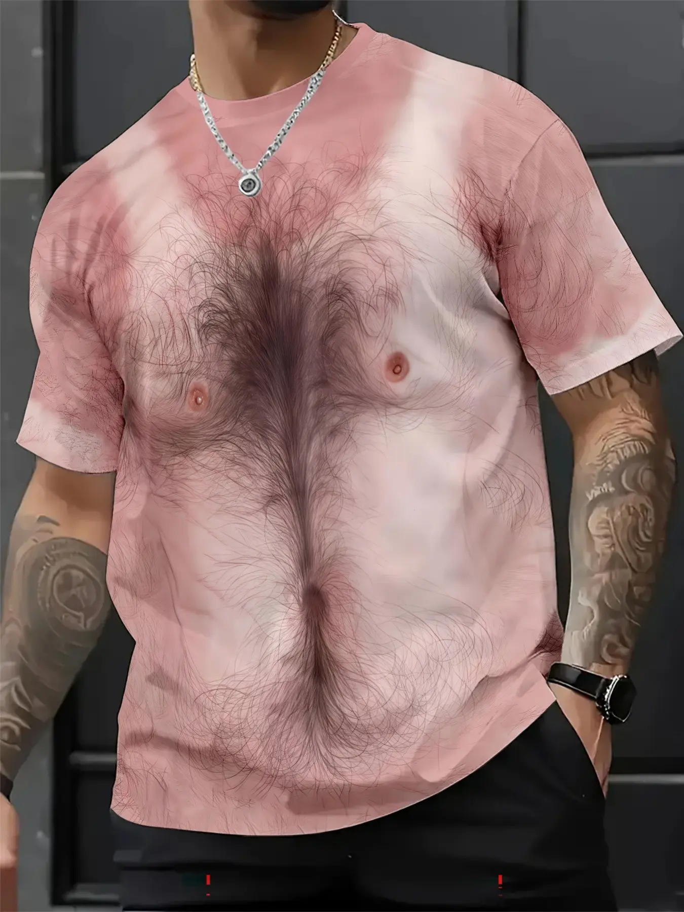Men's Funny Chest Hair Print Short Sleeve T-Shirt, Soft Breathable Round Neck Top, Party Streetwear Daily Wear