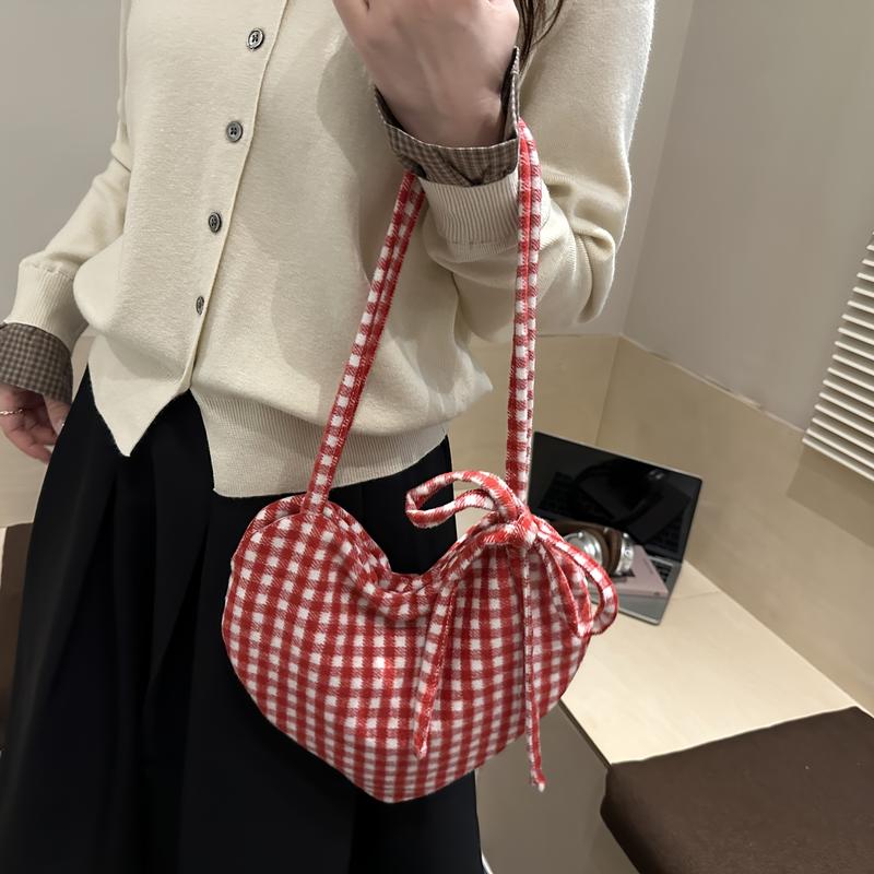 Women's Heart-Shaped Crossbody Bag with Bow and Checkered Pattern - Minimalist Handbag, Fixed Strap Magnetic Closure, Red - Elegant Daily Wallet, Bag, Versatile Fashion Accessory, Durable Fabric shoulder bags Large Soft Color Suede Kisslock Barrel