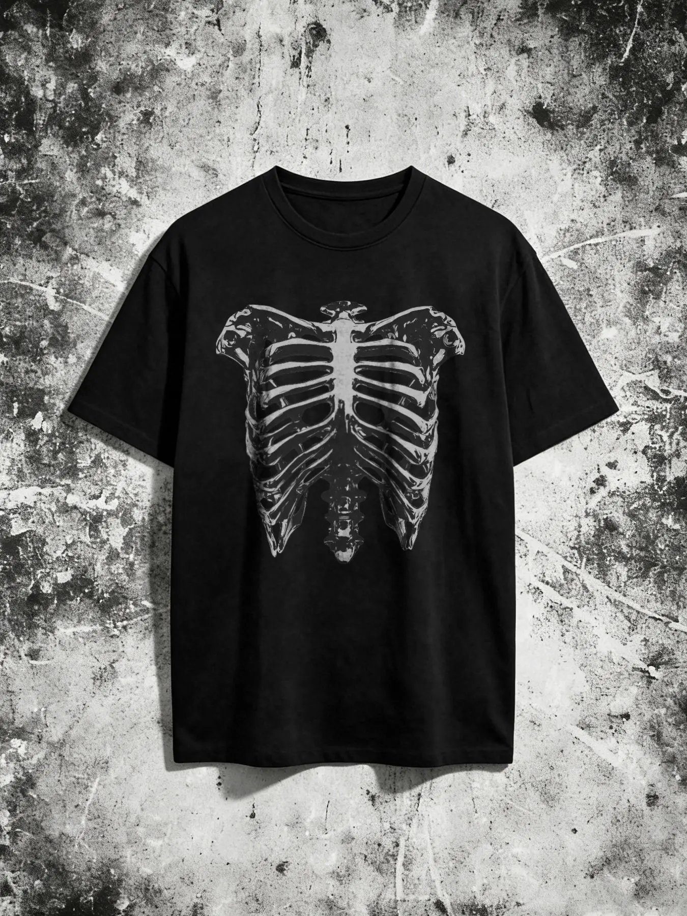 3D Metal Texture Rib Cage Spine Skeleton Unique Loose Basic Top, Casual Crop Fitted Print Clothing, Unlined Plain Surface