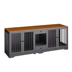 Modern Double Dog Crate Furniture for 2 Large Dogs – 83'' Indoor Kennel with 4 Doors, 2 Drawers & Secure Locks – Multi-Functional Dog Crate TV Stand – Black or White