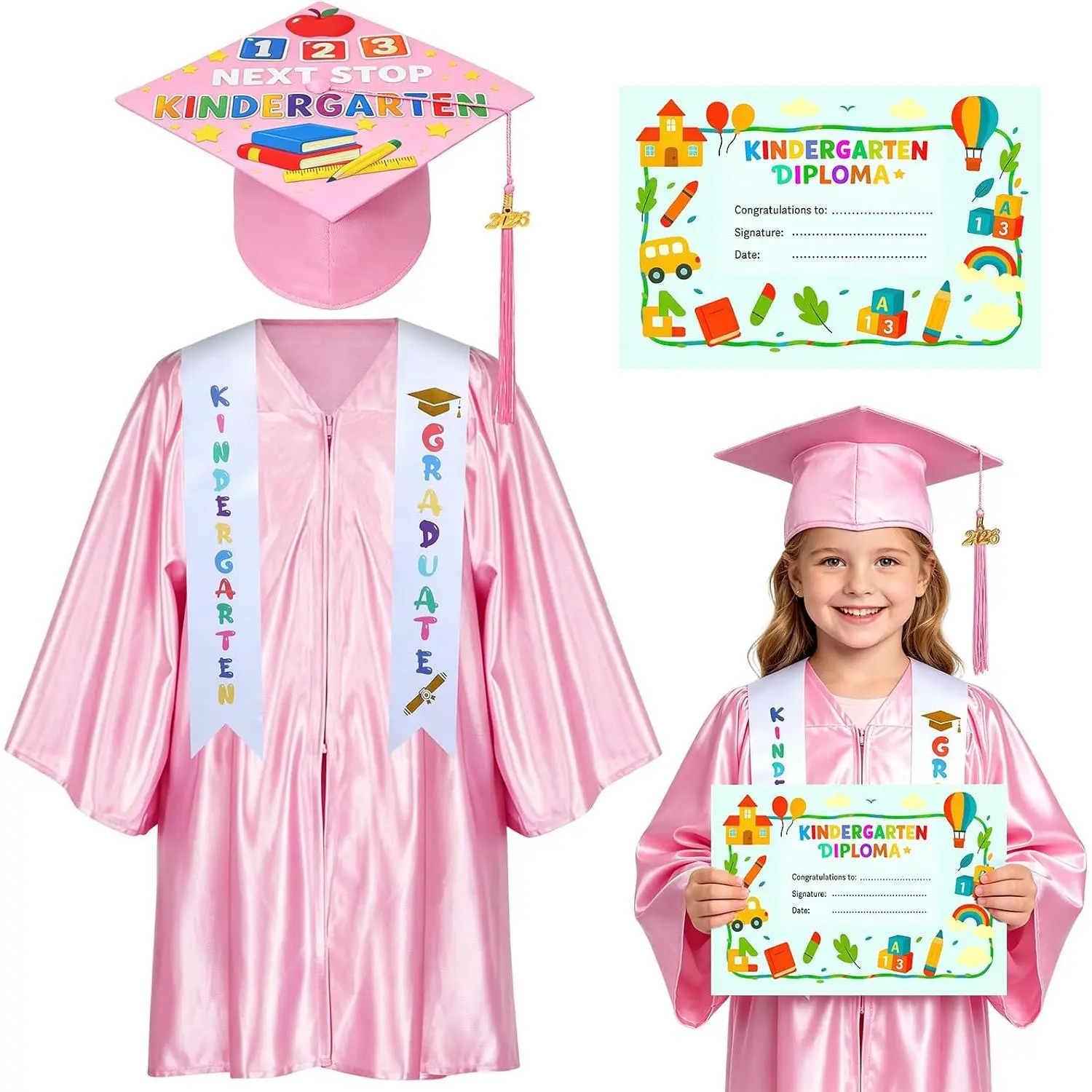 2026 Kindergarten Graduation Gown and Cap Set - 4-Piece Preschool Kit, Includes Stole, Tassel & Diploma (Festive Party Accessory)
