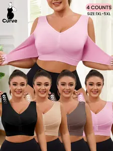【Plus Size】Women's Solid Wide Strap Seamless Bra,Comfortable Breathable Soft Stretch Bra,Front Chest Buckles Design,No Padding,Women's Lingerie for All Seasons,Ladies Knitted Underwear for Daily&Home Wear,All Seasons