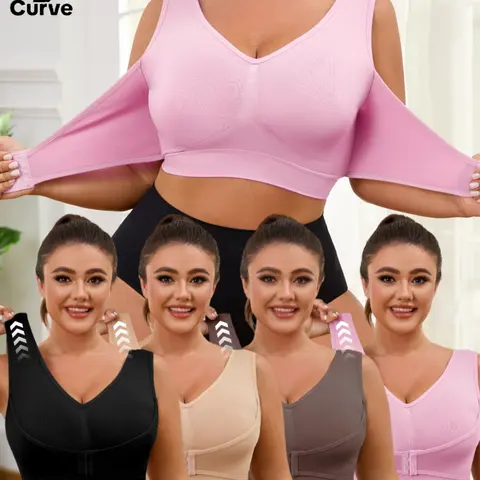 Plus Size Women's Solid Wide Strap Seamless Bra, Comfortable Breathable Soft Stretch Adjustable Bra, Front Chest Buckles Design, No Padding Support, Women's Lingerie for All Seasons, Ladies Knitted Underwear for Daily & Home Wear, Fashion Soft Bra