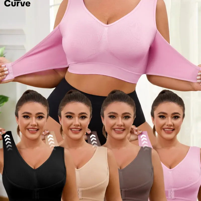 Plus Size Women's Solid Wide Strap Seamless Bra, Comfortable Breathable Soft Stretch Adjustable Bra, Front Chest Buckles Design, No Padding Support, Women's Lingerie for All Seasons, Ladies Knitted Underwear for Daily & Home Wear, Fashion Soft Bra