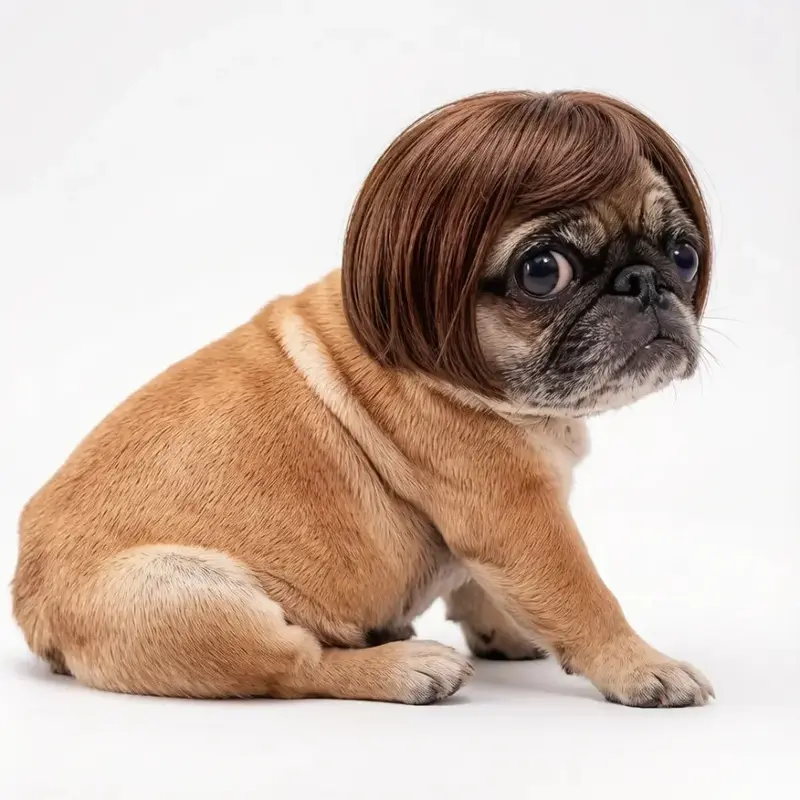 Pet Brown Short-Hair Wig with Adjustable Elastic Band - Small-Medium Dogs (French Bulldogs, Yorkshires, Pugs), Halloween Photo Props, Cat Cosplay Accessory
