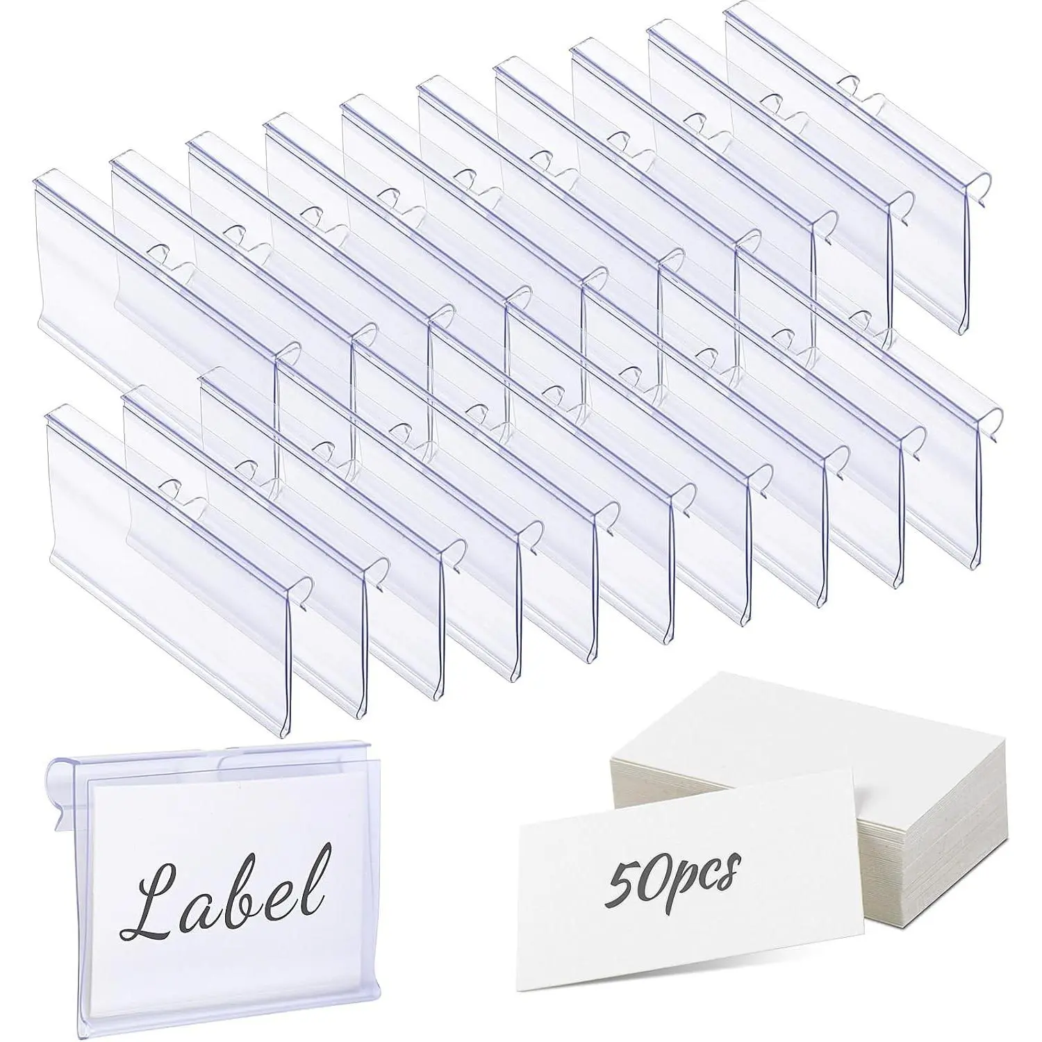 50 PCS Clear Plastic Label Holders for Wire Shelf Retail Price Tags, Clip-On Basket Bin Labels, Storage Bin Labels, Merchandise Sign Display Holders for Supermarket, Label Papers IncludedGift