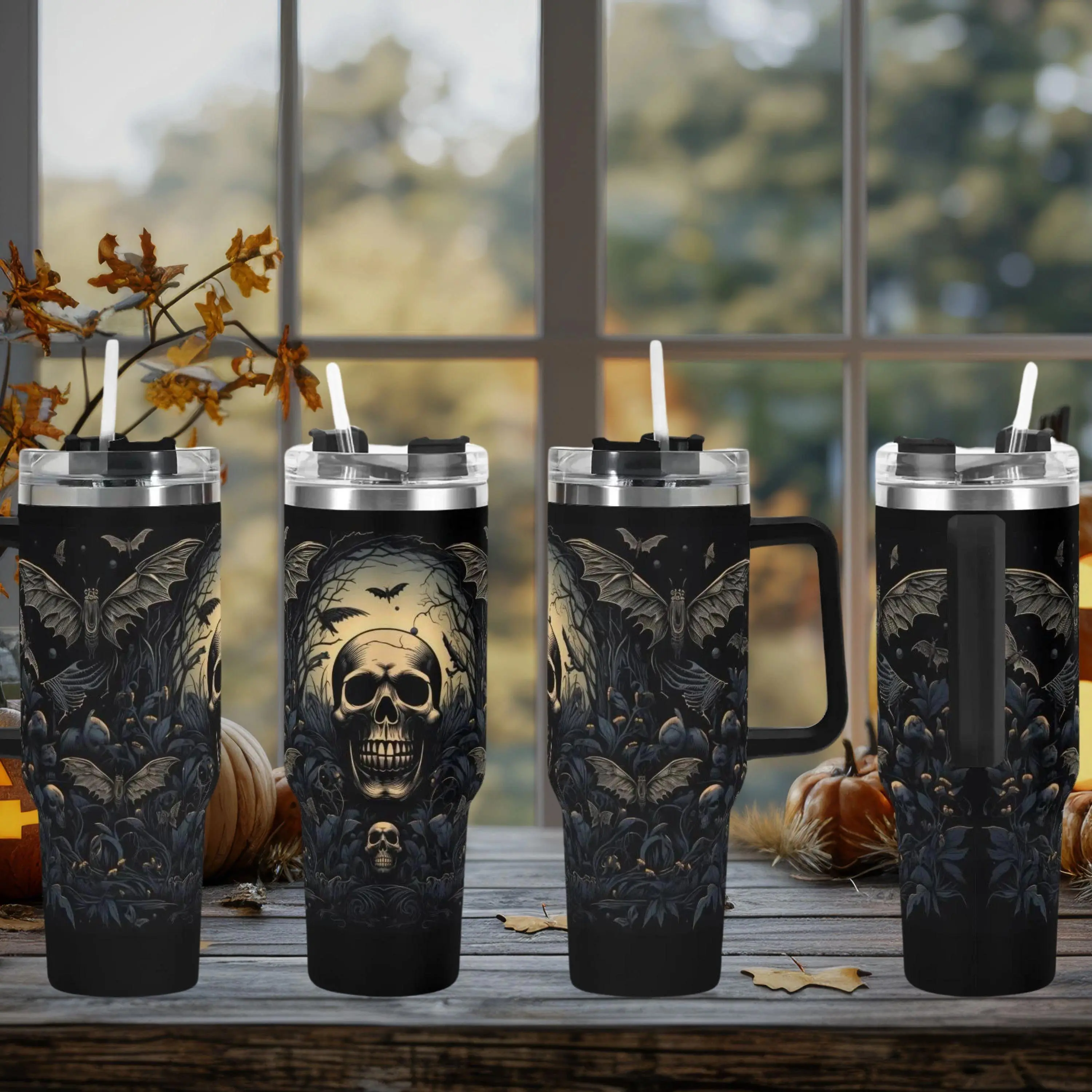 Skull And Bats 40oz Stainless Steel Tumbler With Handle Lid Straw Halloween Spooky Travel Cup Holiday Gift