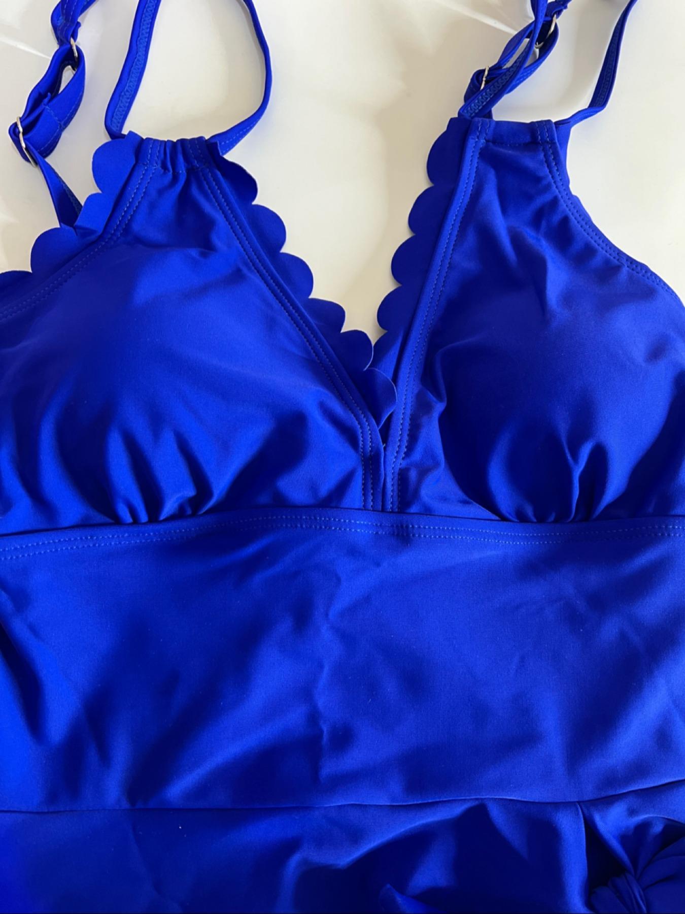 Women's Solid Color Scallop Trim Deep One-Piece Swimsuit, Casual Comfortable Adjustable Strap Tie Back Backless Sleeveless Swimwear for Beach Holiday Vacation