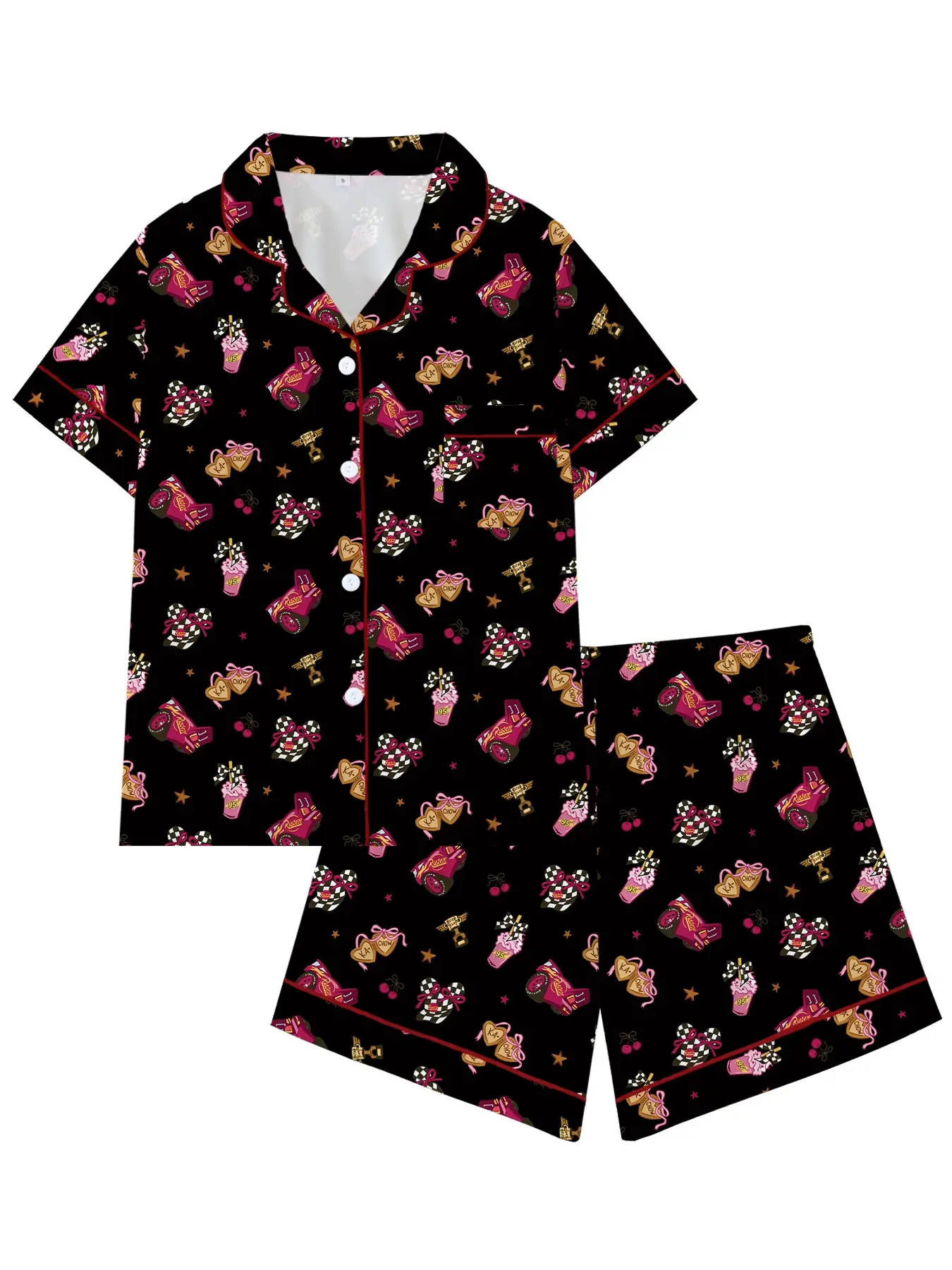 Women's Pajama Set, Car Print Short Sleeve Shorts, 2-Piece Sleepwear, Casual Slim-Fit, Spring & Fall, Home Wear, Daily & Holiday