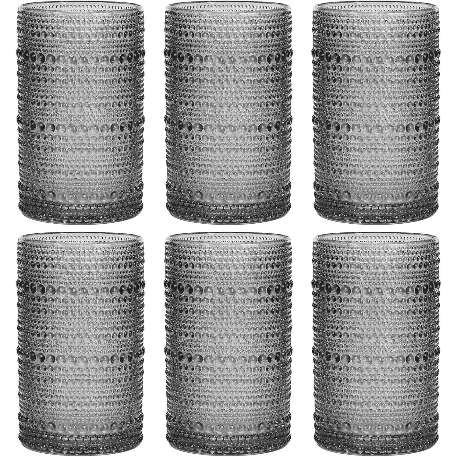 Hobnail Drinking Glasses Set of 6,12 Oz Highball Glasses Clear Embossed Boho Water Glass Cups Kitchen Bar Tumbler Glassware Set for Whiskey, Beer, Juice, Milk and Various Mixed Drinks (Gray)