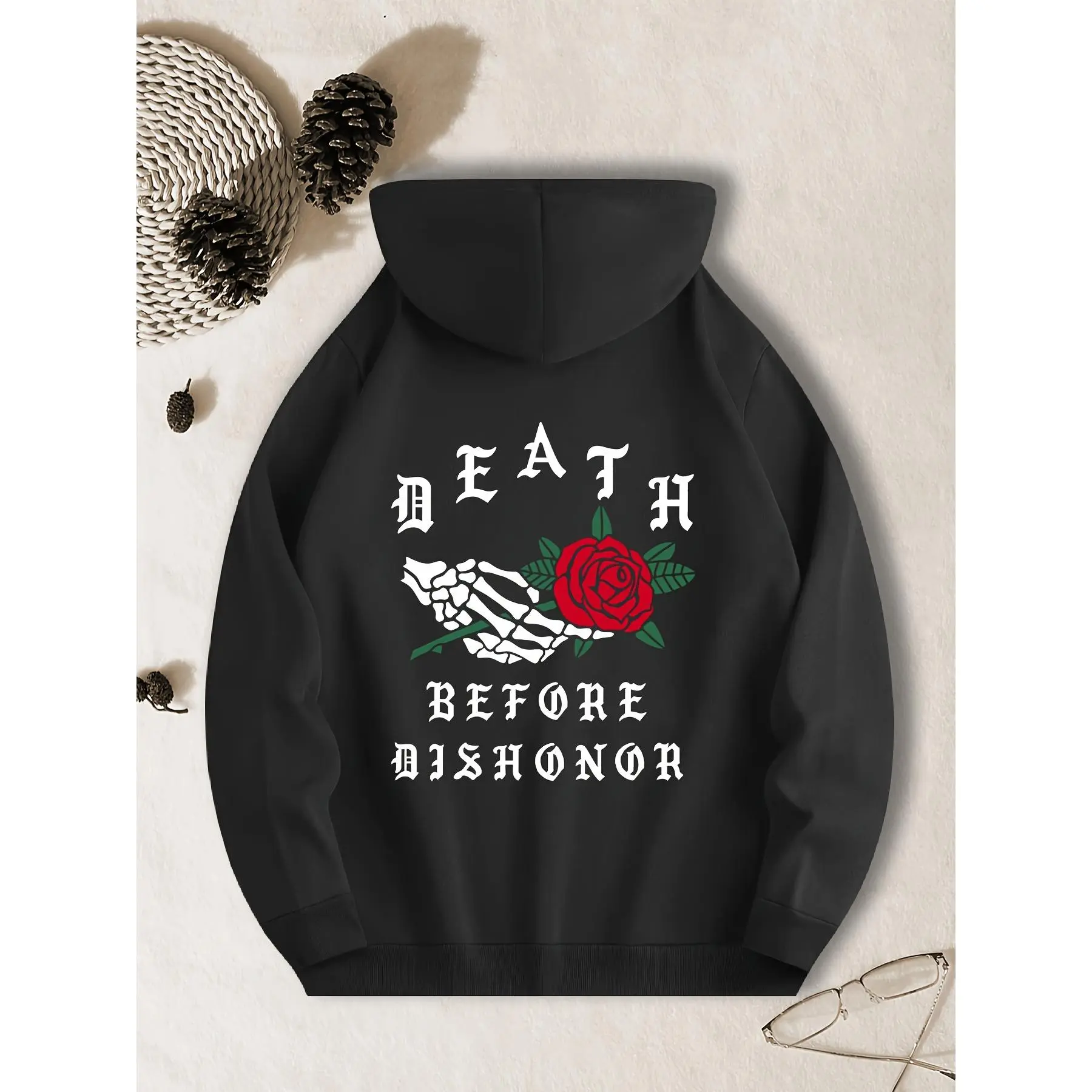 Unisex Black Gothic Skeleton Rose Hoodie Oversized Death Before Dishonor Gothic Font Back Print Dark High Street Punk Biker Aesthetic Streetwear Pullover For Men Women Edgy Trendy Outfit