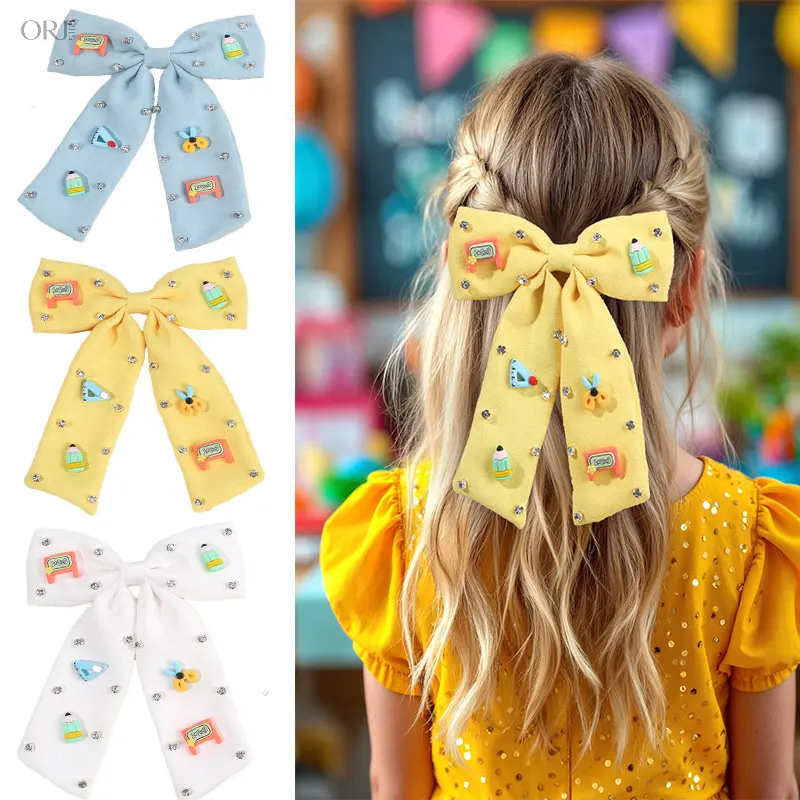 2026 Back to School Bow Hair Clips for Kids, Cute Pencil Shaped Bow Side Barrettes Girls School Hair Accessories