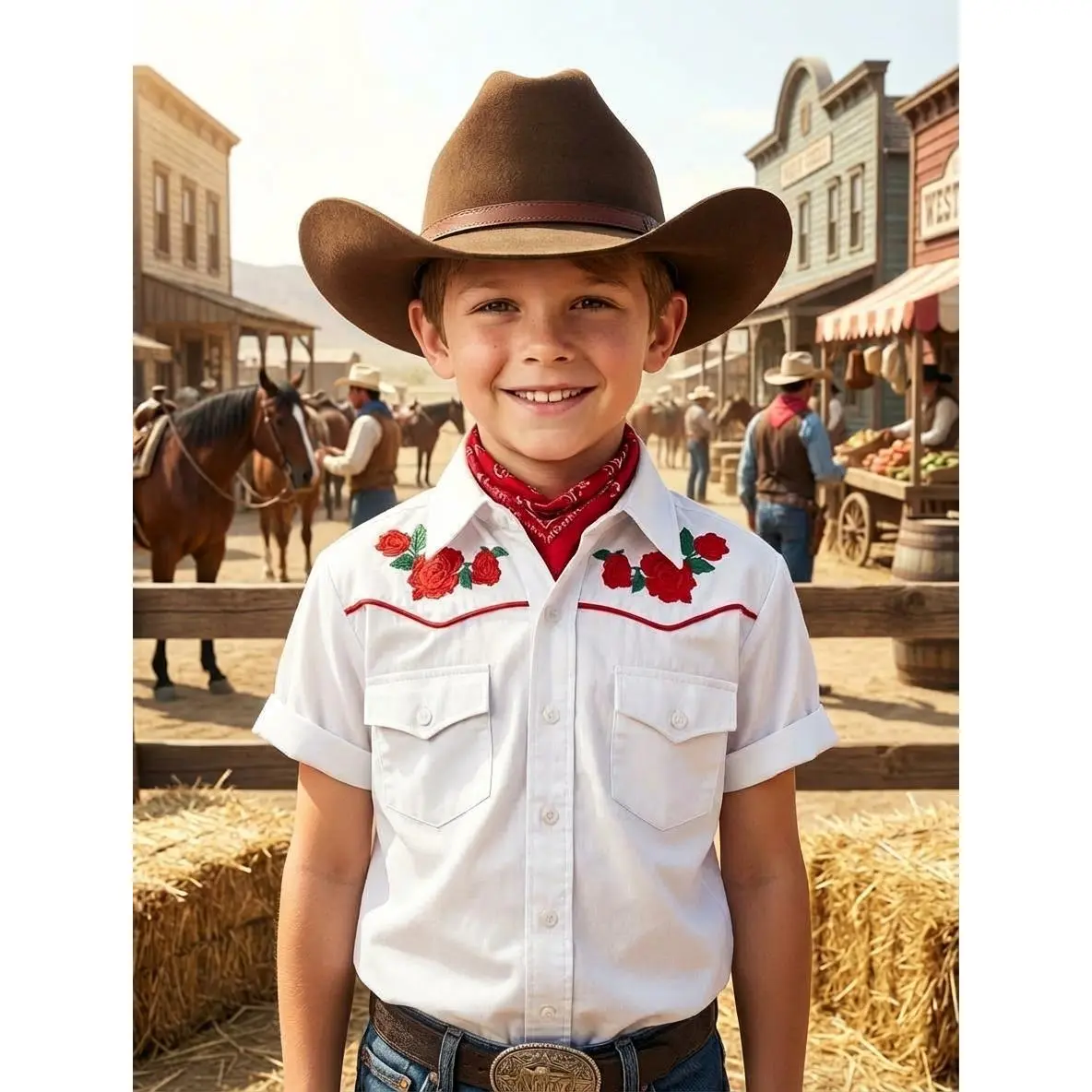 Boys Western Embroidered Short Sleeve Button Down Shirt, 100% Cotton Cowboy Collared Top for Kids Country Outfit White baseball drip father day t-shirt men graphic tee causal young funny toddler shirt playful sweet gift christian